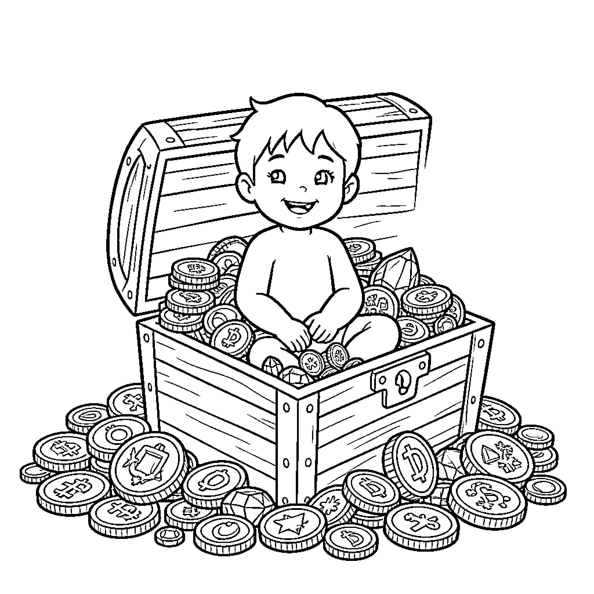 Niño playing joyfully with treasure trove Coloring Page (free black-and-white line drawing printable PDF for all, from beginners to advanced learners, including children, teens, adults, and seniors)