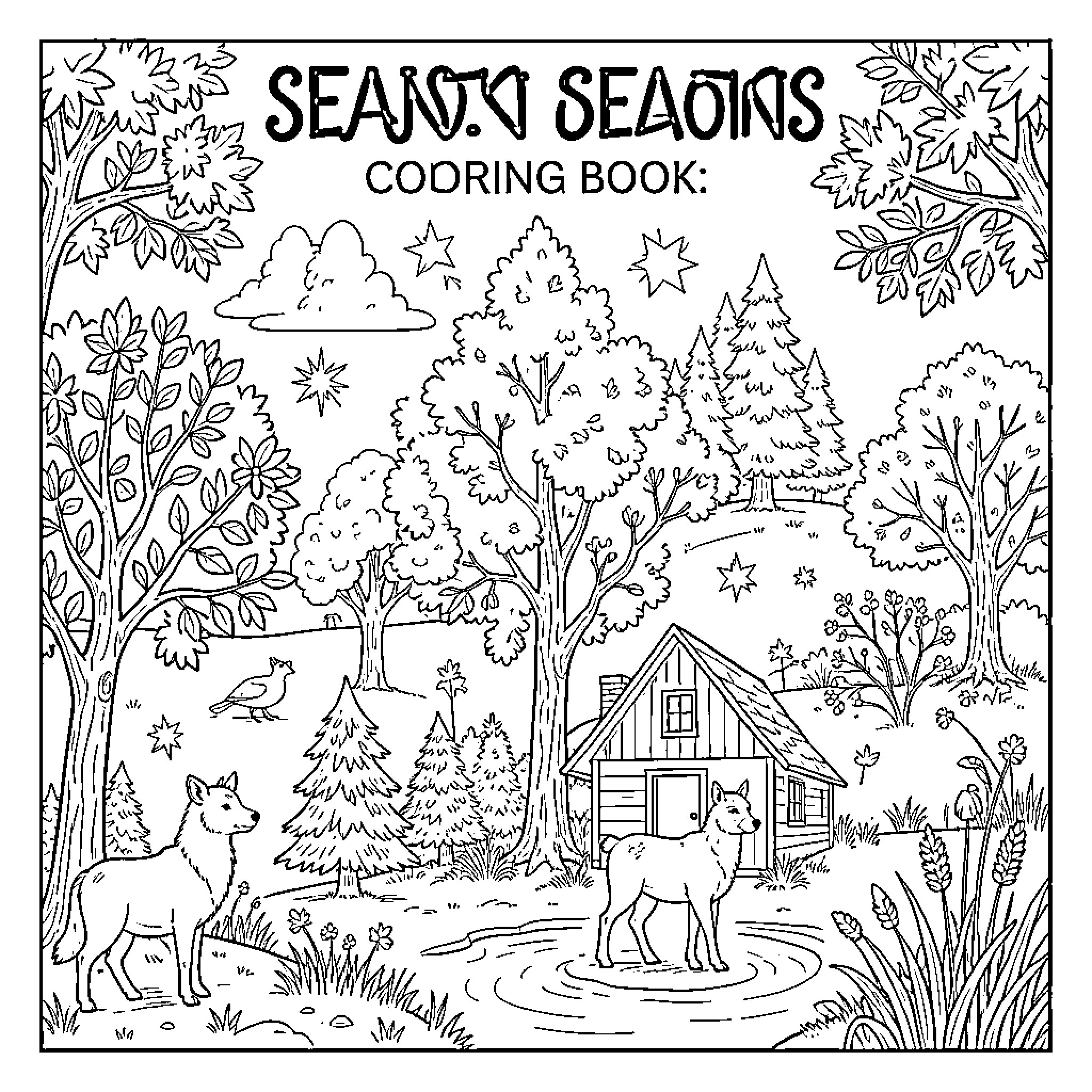 Season of wild animals roaming through a forest landscape Coloring Page (free black-and-white line drawing printable PDF for all, from beginners to advanced learners, including children, teens, adults, and seniors)