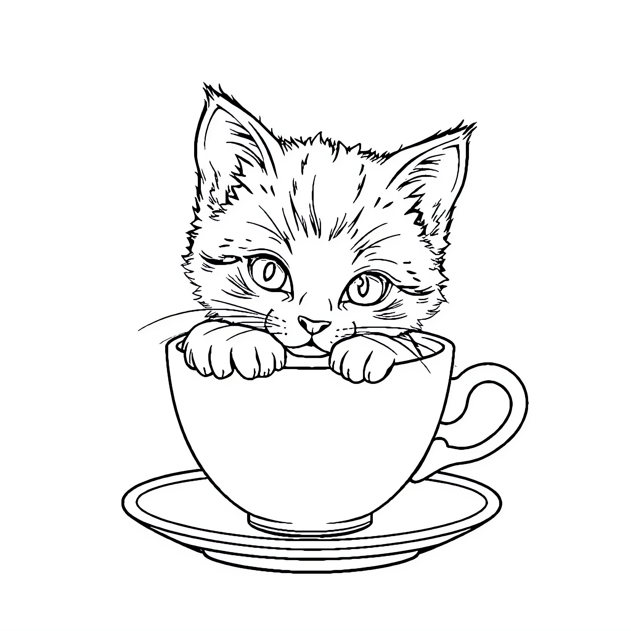 Cat peeking out from teacup Coloring Page (free black-and-white line drawing printable PDF for all, from beginners to advanced learners, including children, teens, adults, and seniors)