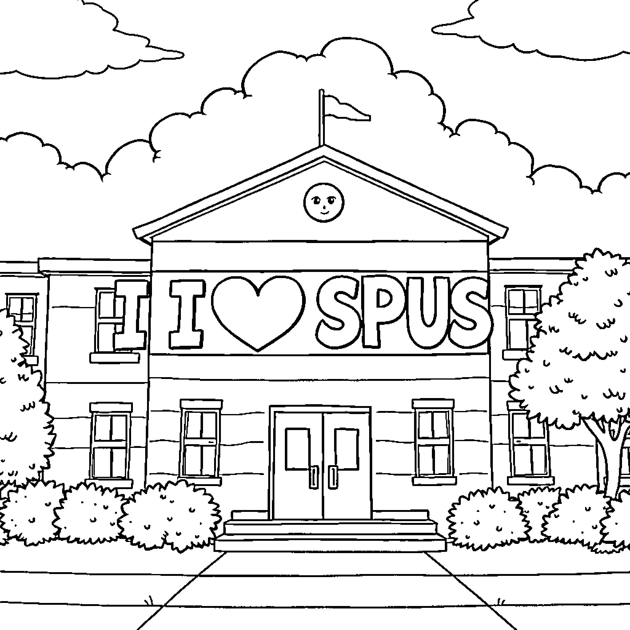 School building with cheerful text and symbols Coloring Page (free black-and-white line drawing printable PDF for all, from beginners to advanced learners, including children, teens, adults, and seniors)