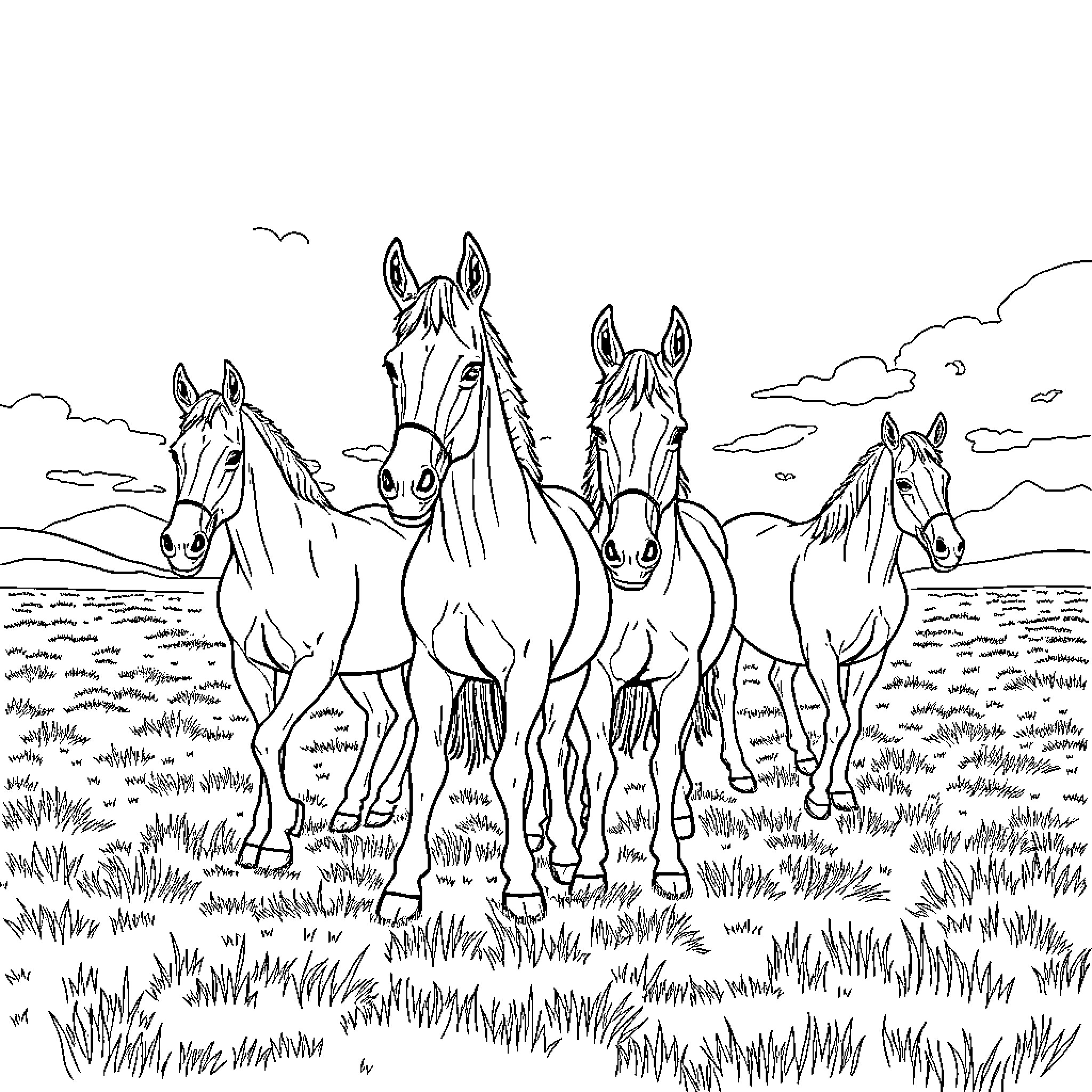 Mule herd grazing peacefully in the countryside Coloring Page (free black-and-white line drawing printable PDF for all, from beginners to advanced learners, including children, teens, adults, and seniors)