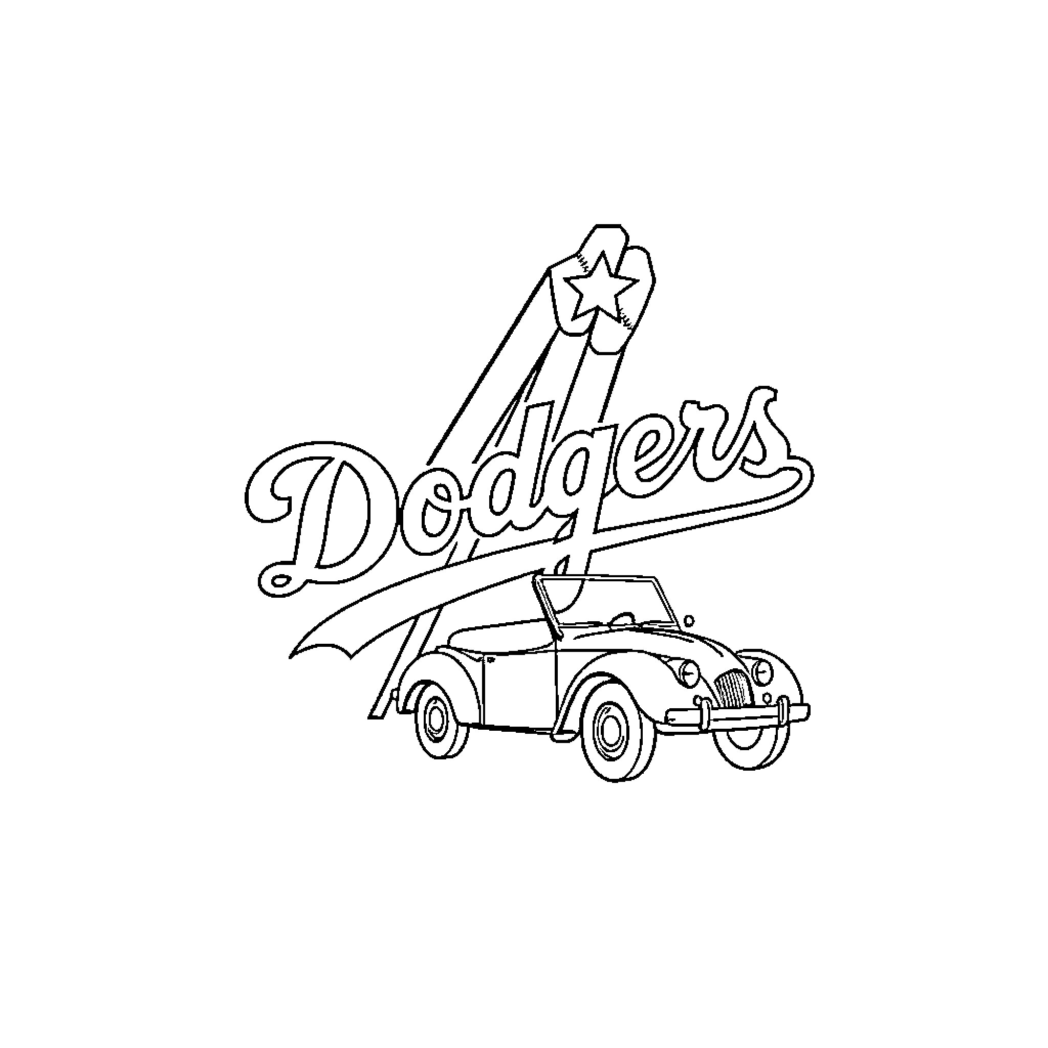 Dodgers Logo with Vintage Car Design Coloring Page (free black-and-white line drawing printable PDF for all, from beginners to advanced learners, including children, teens, adults, and seniors)