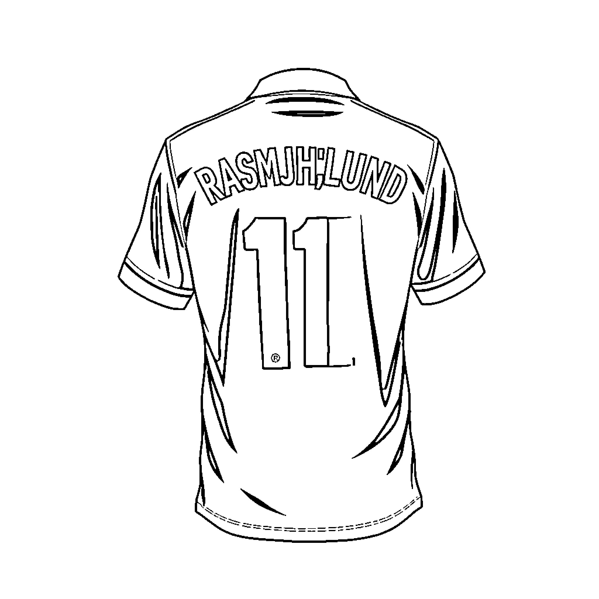 Rasmus Højlund's soccer jersey Coloring Page (free black-and-white line drawing printable PDF for all, from beginners to advanced learners, including children, teens, adults, and seniors)