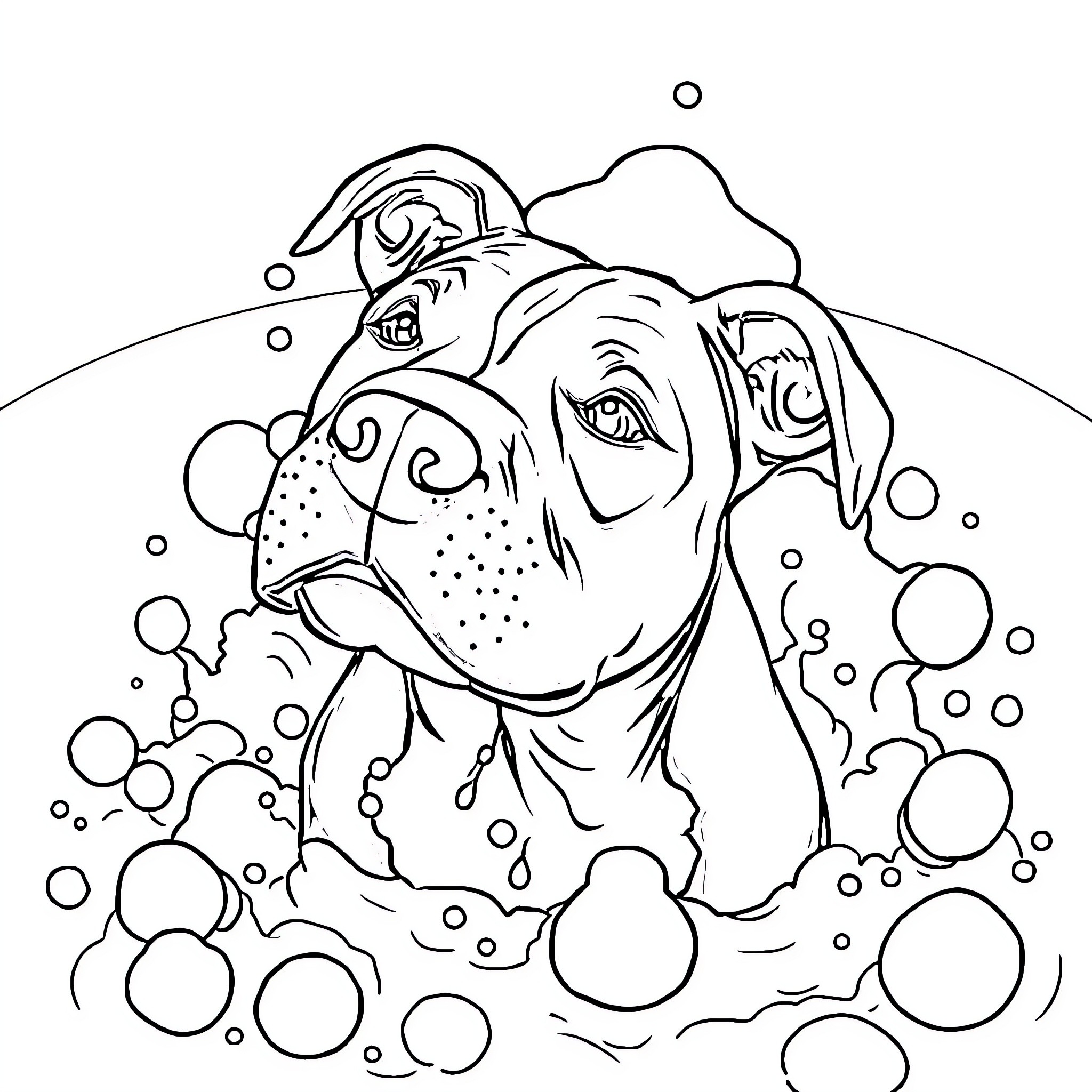 Pitbull enjoying a bubbly bath Coloring Page (free black-and-white line drawing printable PDF for all, from beginners to advanced learners, including children, teens, adults, and seniors)