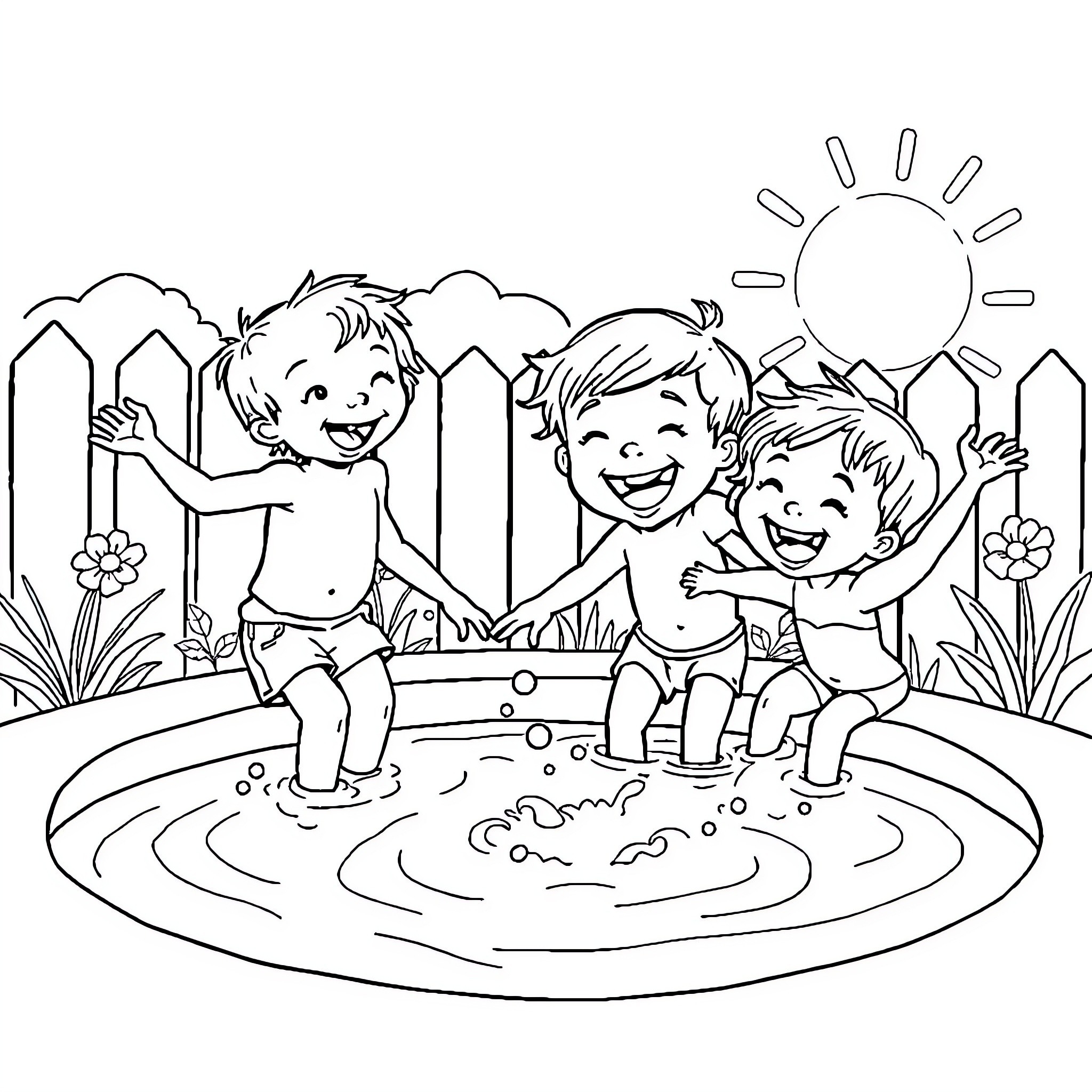 Kid splashing happily in the pond Coloring Page (free black-and-white line drawing printable PDF for all, from beginners to advanced learners, including children, teens, adults, and seniors)