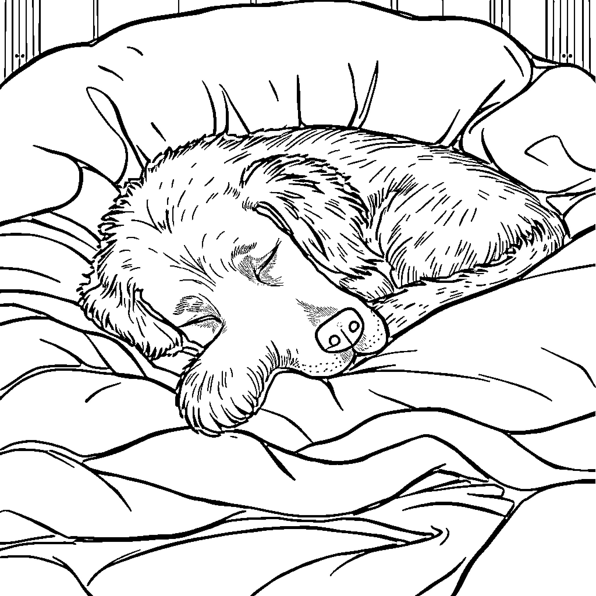 Golden Retriever Sleeping Peacefully Coloring Page (free black-and-white line drawing printable PDF for all, from beginners to advanced learners, including children, teens, adults, and seniors)