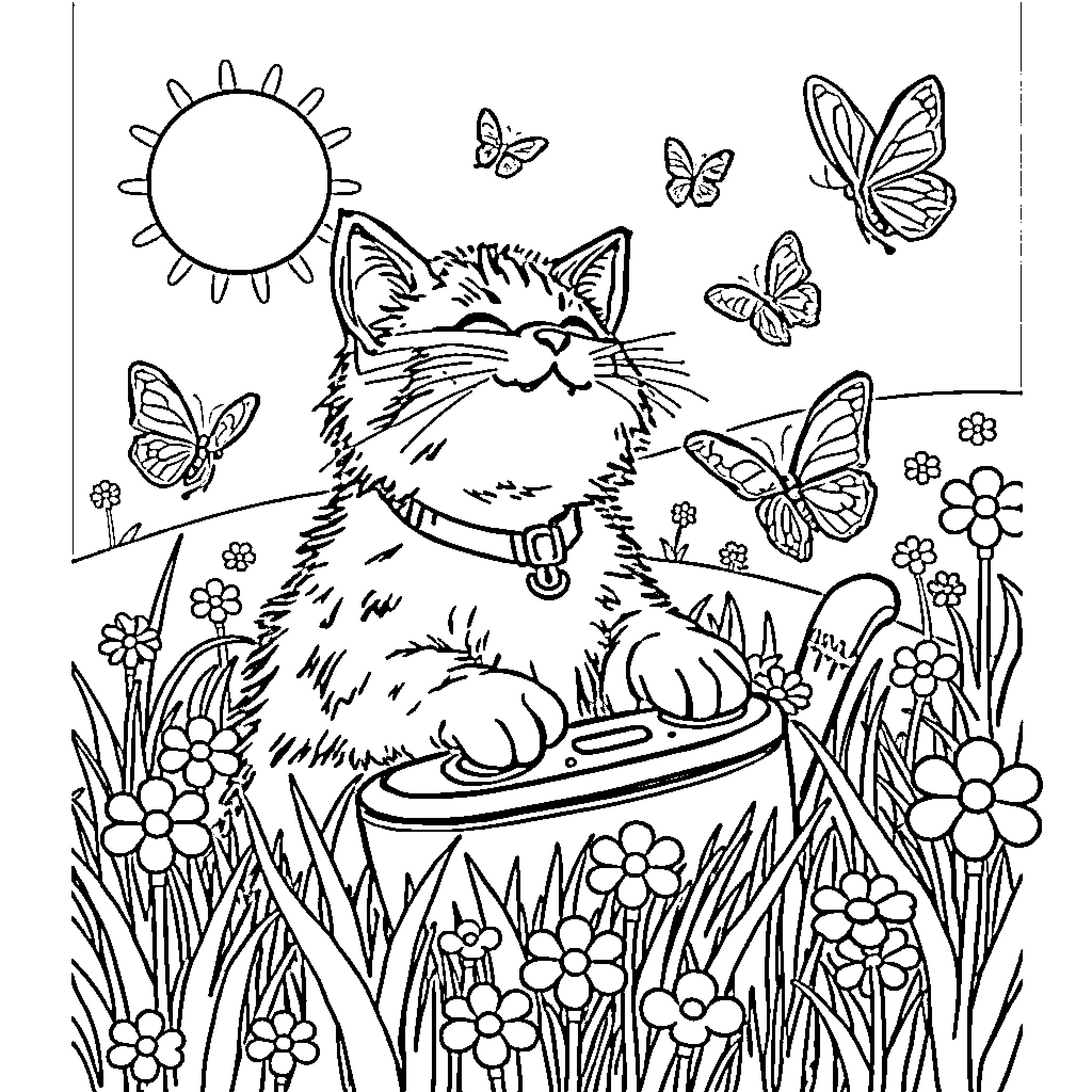 Cat relaxing in garden with butterflies Coloring Page (free black-and-white line drawing printable PDF for all, from beginners to advanced learners, including children, teens, adults, and seniors)