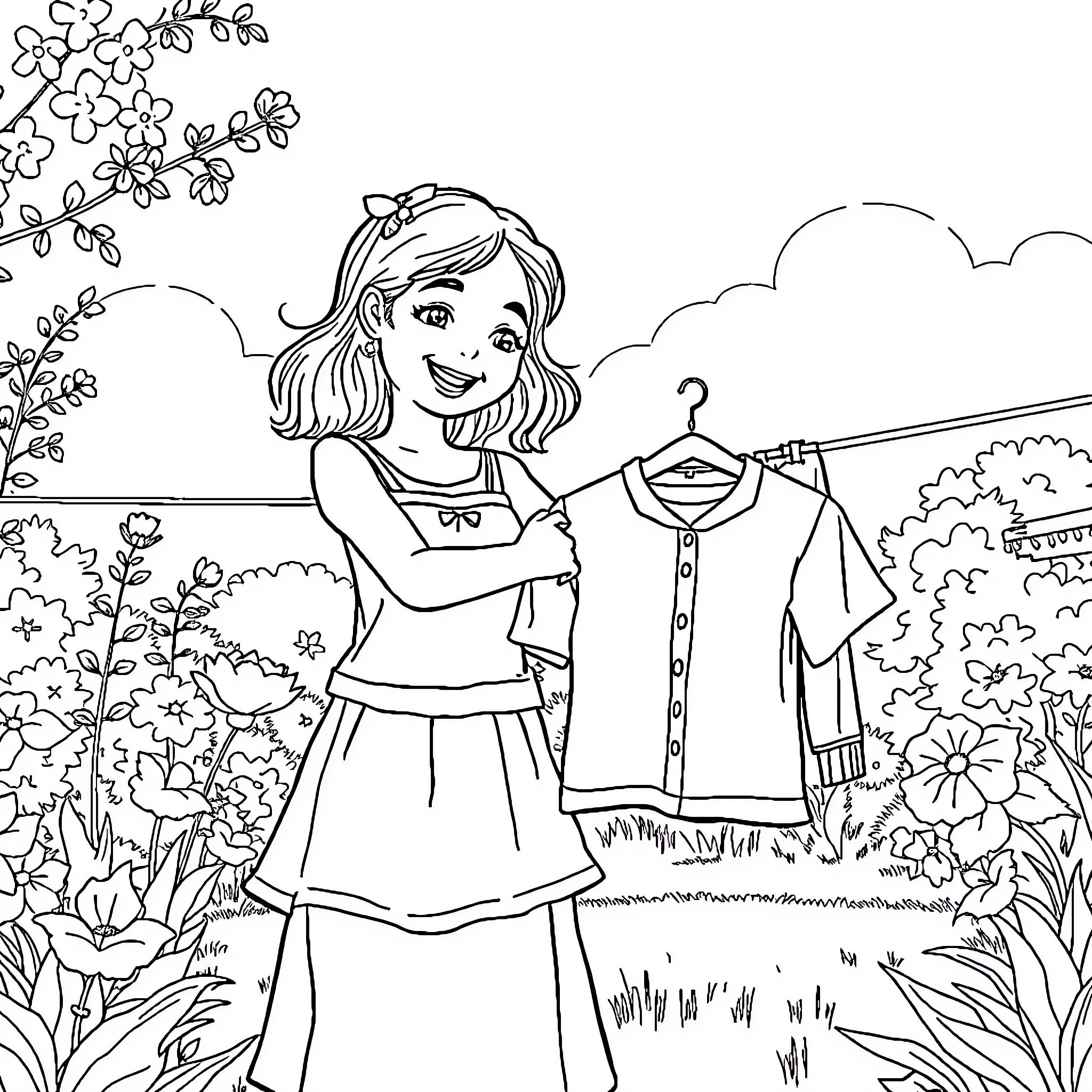Girl choosing clothes in the garden Coloring Page (free black-and-white line drawing printable PDF for all, from beginners to advanced learners, including children, teens, adults, and seniors)