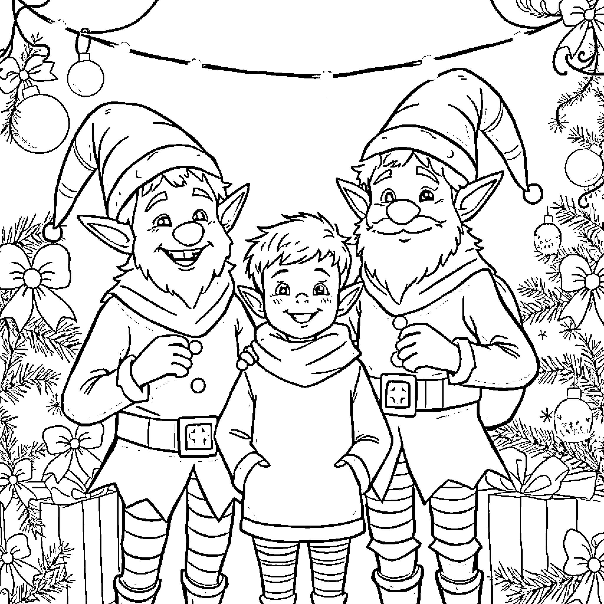 Elf family celebrating the holidays together Coloring Page (free black-and-white line drawing printable PDF for all, from beginners to advanced learners, including children, teens, adults, and seniors)