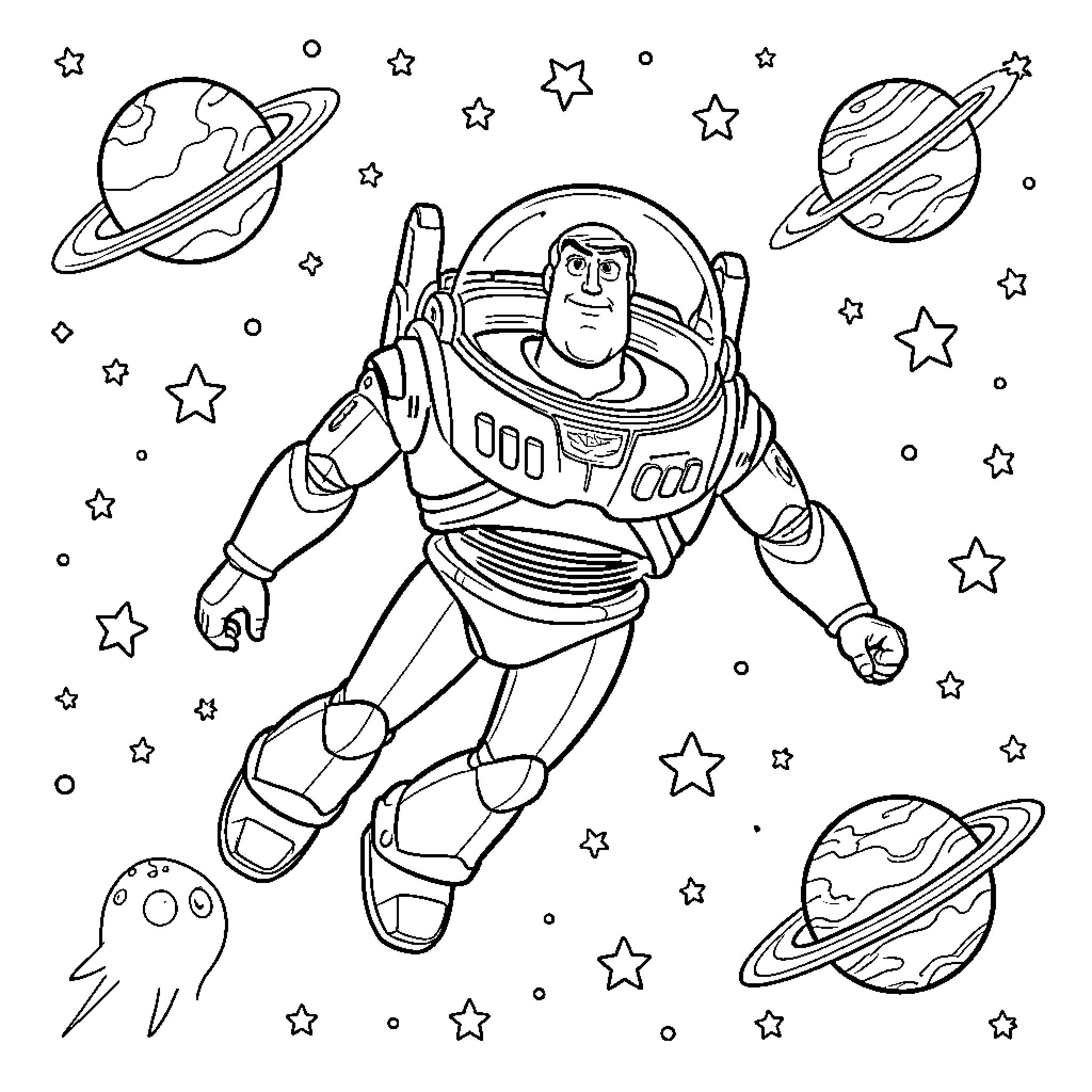 Buzz Lightyear floating through outer space near planets Coloring Page (free black-and-white line drawing printable PDF for all, from beginners to advanced learners, including children, teens, adults, and seniors)