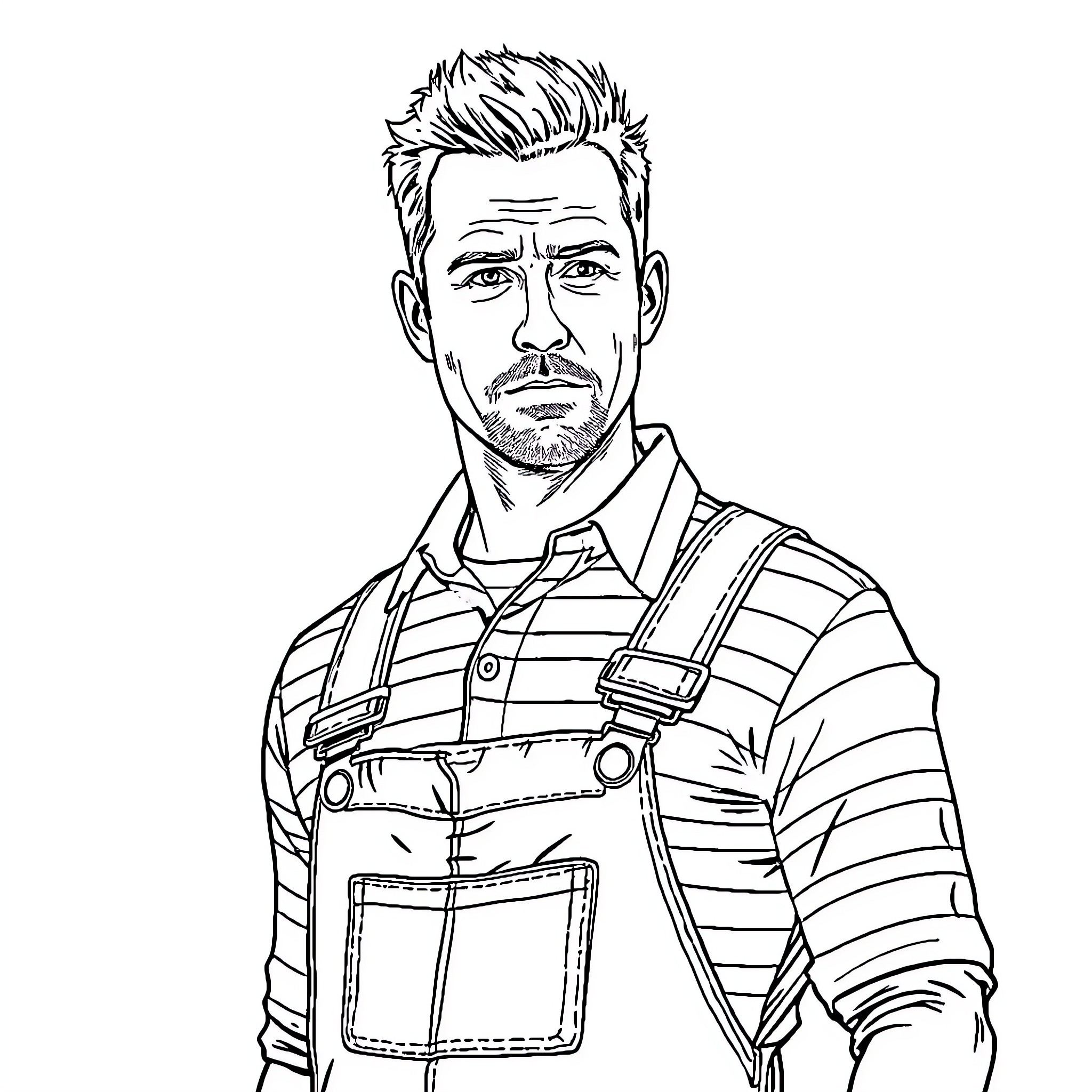 Mark Wahlberg as a serious mechanic in uniform Coloring Page (free black-and-white line drawing printable PDF for all, from beginners to advanced learners, including children, teens, adults, and seniors)