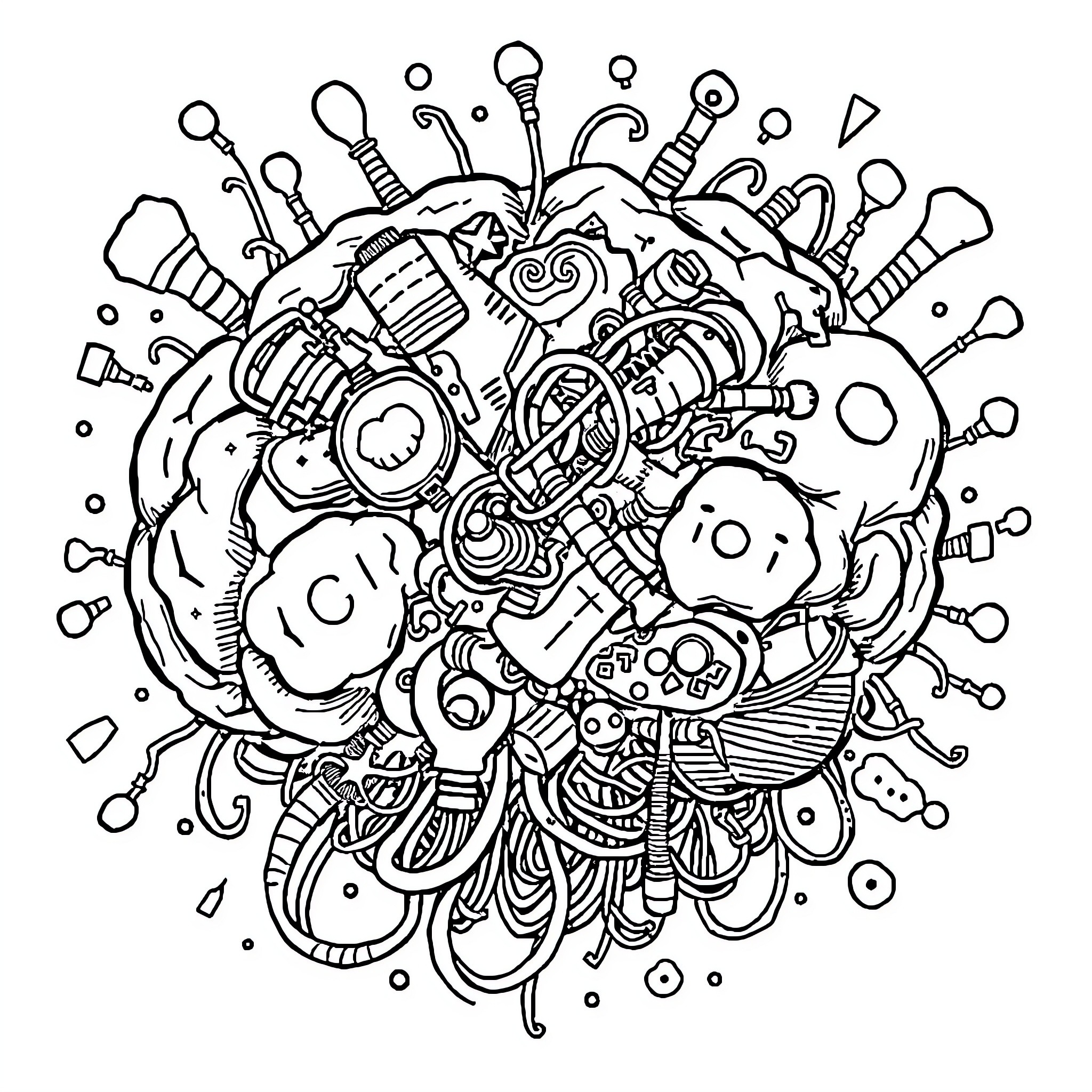 Brainrot: Abstract Tangles of Shapes and Symbols Coloring Page (free black-and-white line drawing printable PDF for all, from beginners to advanced learners, including children, teens, adults, and seniors)