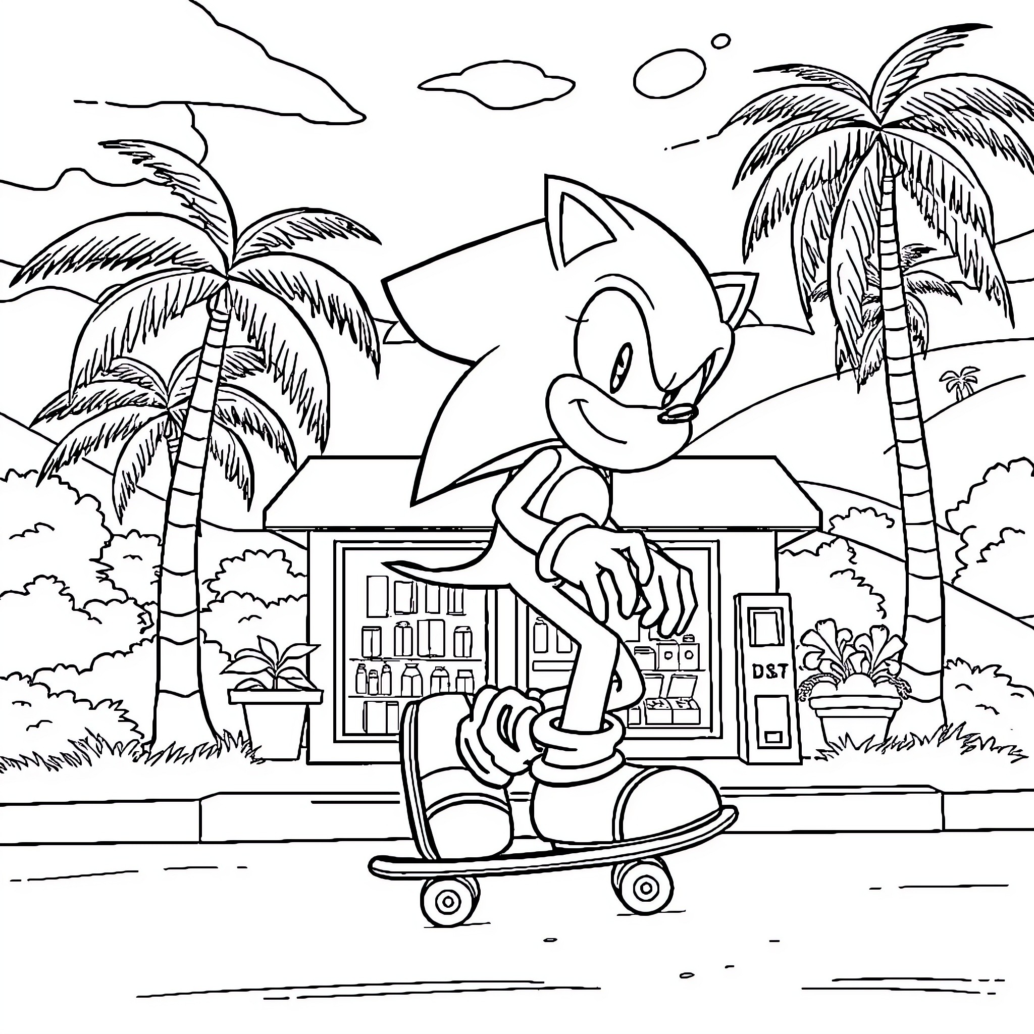 Shadow of a playful character on a tropical landscape Coloring Page (free black-and-white line drawing printable PDF for all, from beginners to advanced learners, including children, teens, adults, and seniors)
