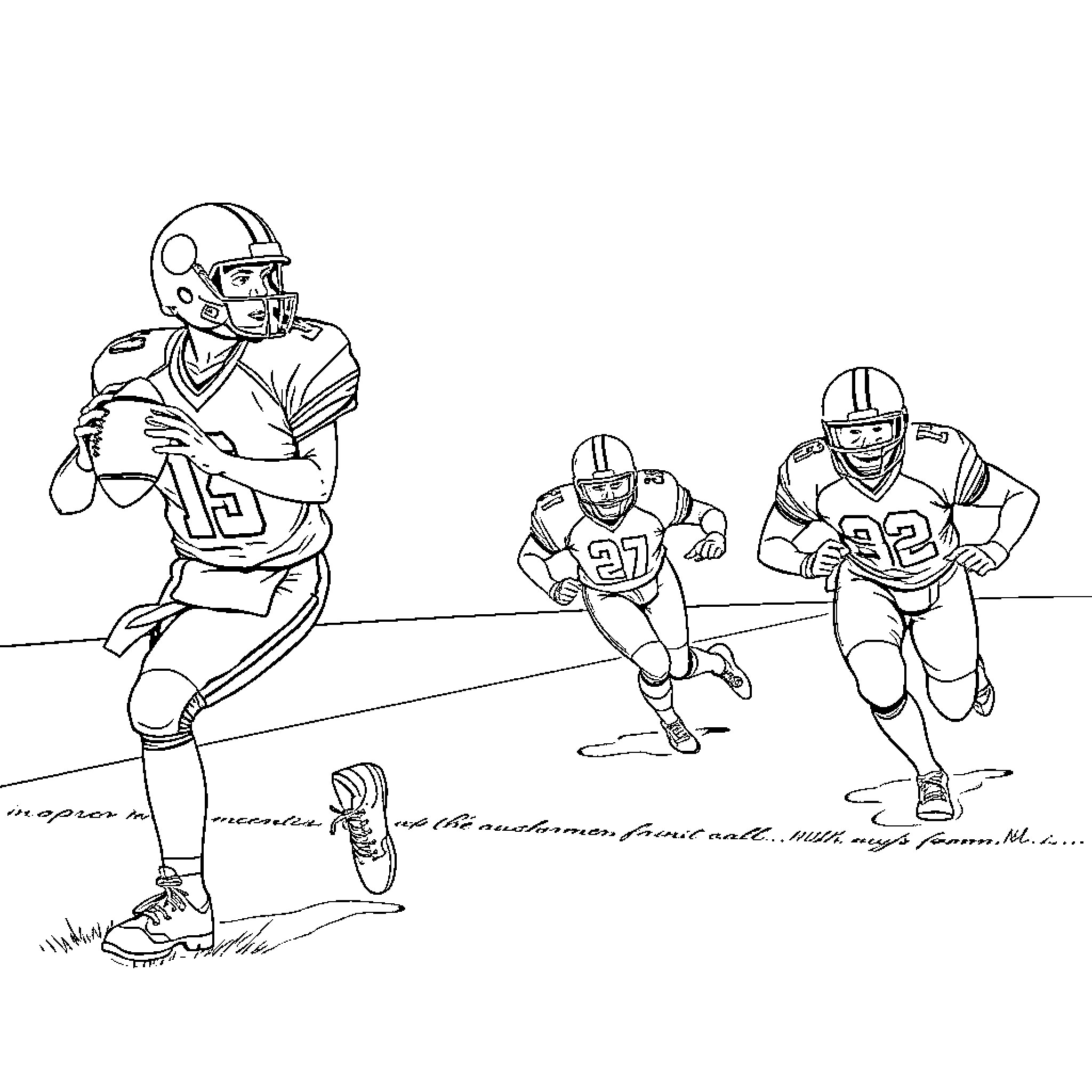 Football players in action on the field Coloring Page (free black-and-white line drawing printable PDF for all, from beginners to advanced learners, including children, teens, adults, and seniors)