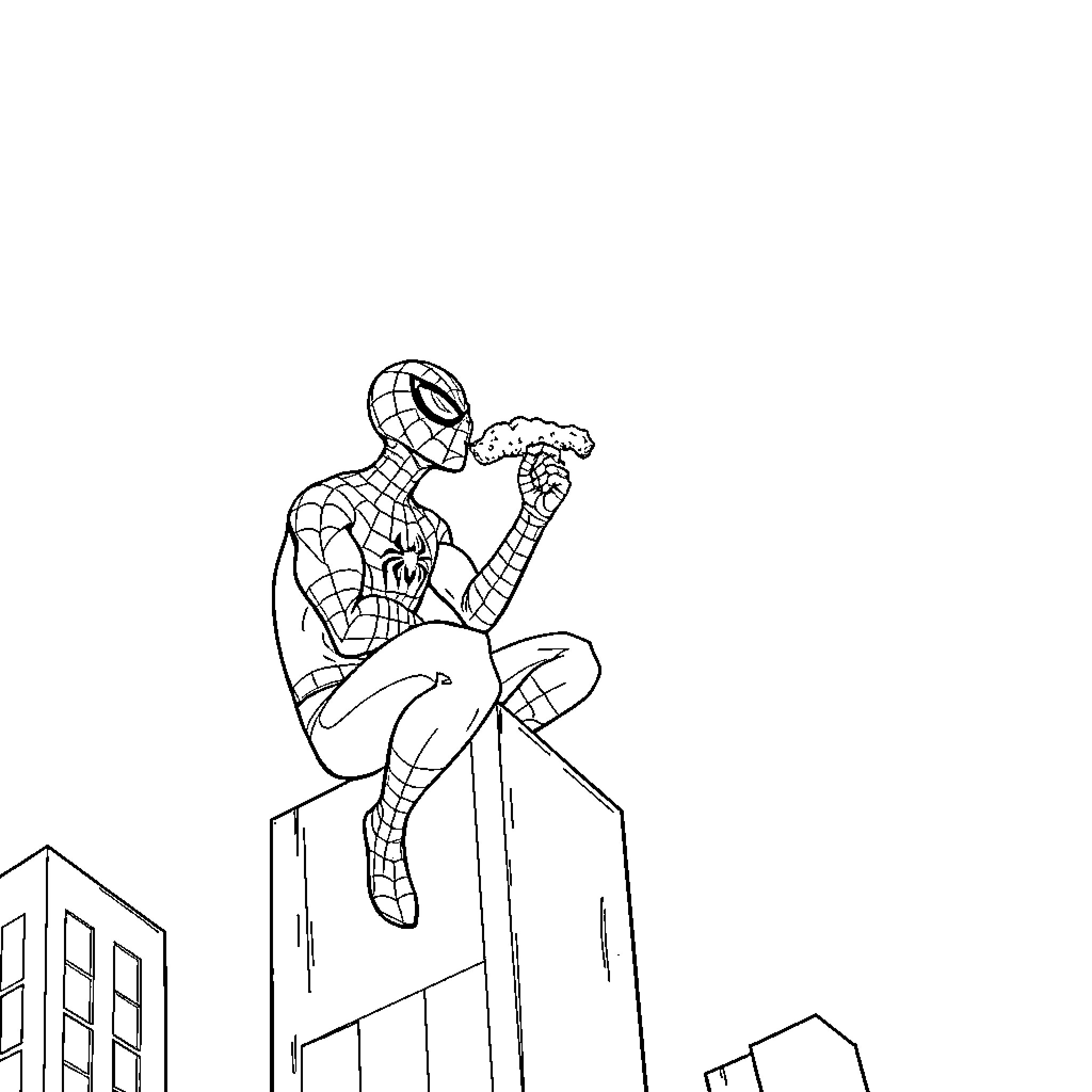 Spiderman poses heroically on city rooftops Coloring Page (free black-and-white line drawing printable PDF for all, from beginners to advanced learners, including children, teens, adults, and seniors)