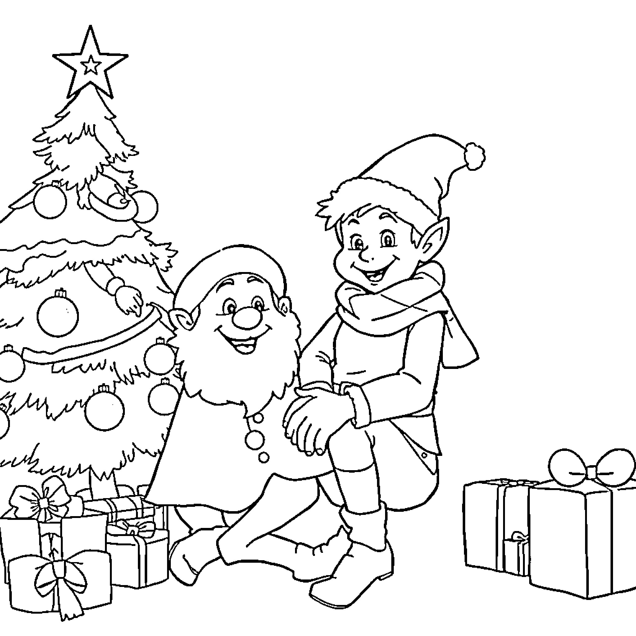 Christmas Elves Decorating Tree with Gifts Coloring Page (free black-and-white line drawing printable PDF for all, from beginners to advanced learners, including children, teens, adults, and seniors)