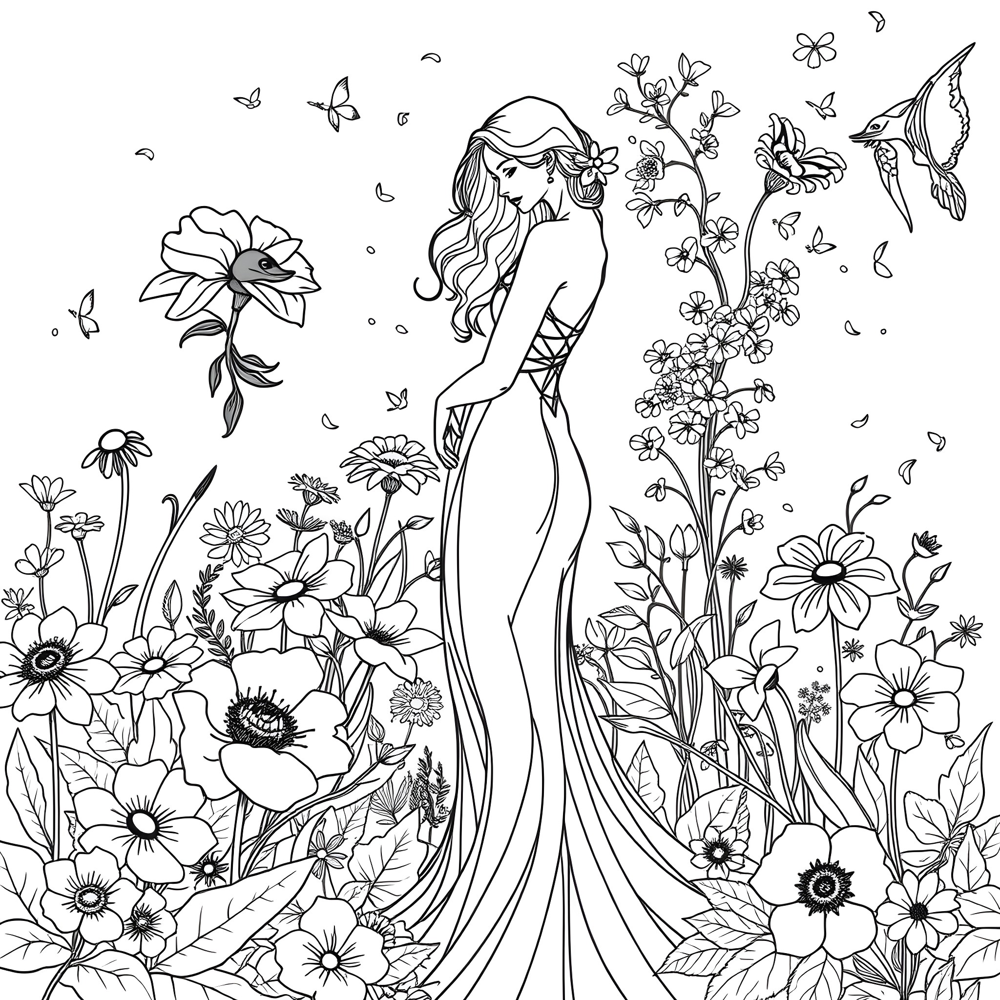 Woman in a Floral Garden Coloring Page (free black-and-white line drawing printable PDF for all, from beginners to advanced learners, including children, teens, adults, and seniors)