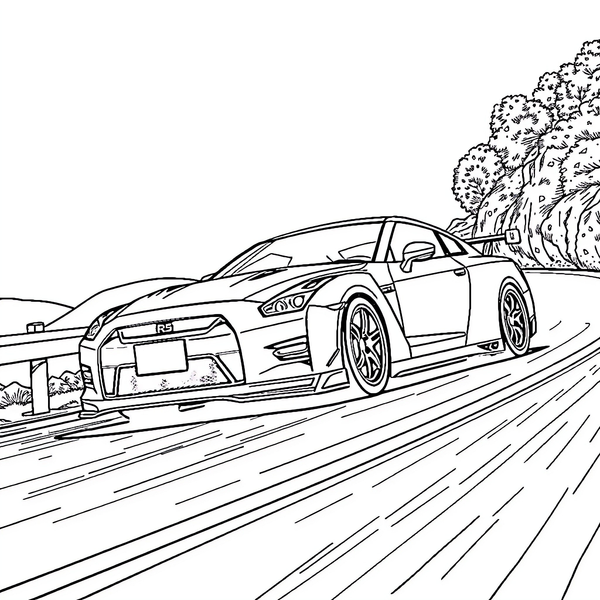 GTR R35 speeding through a scenic road Coloring Page (free black-and-white line drawing printable PDF for all, from beginners to advanced learners, including children, teens, adults, and seniors)