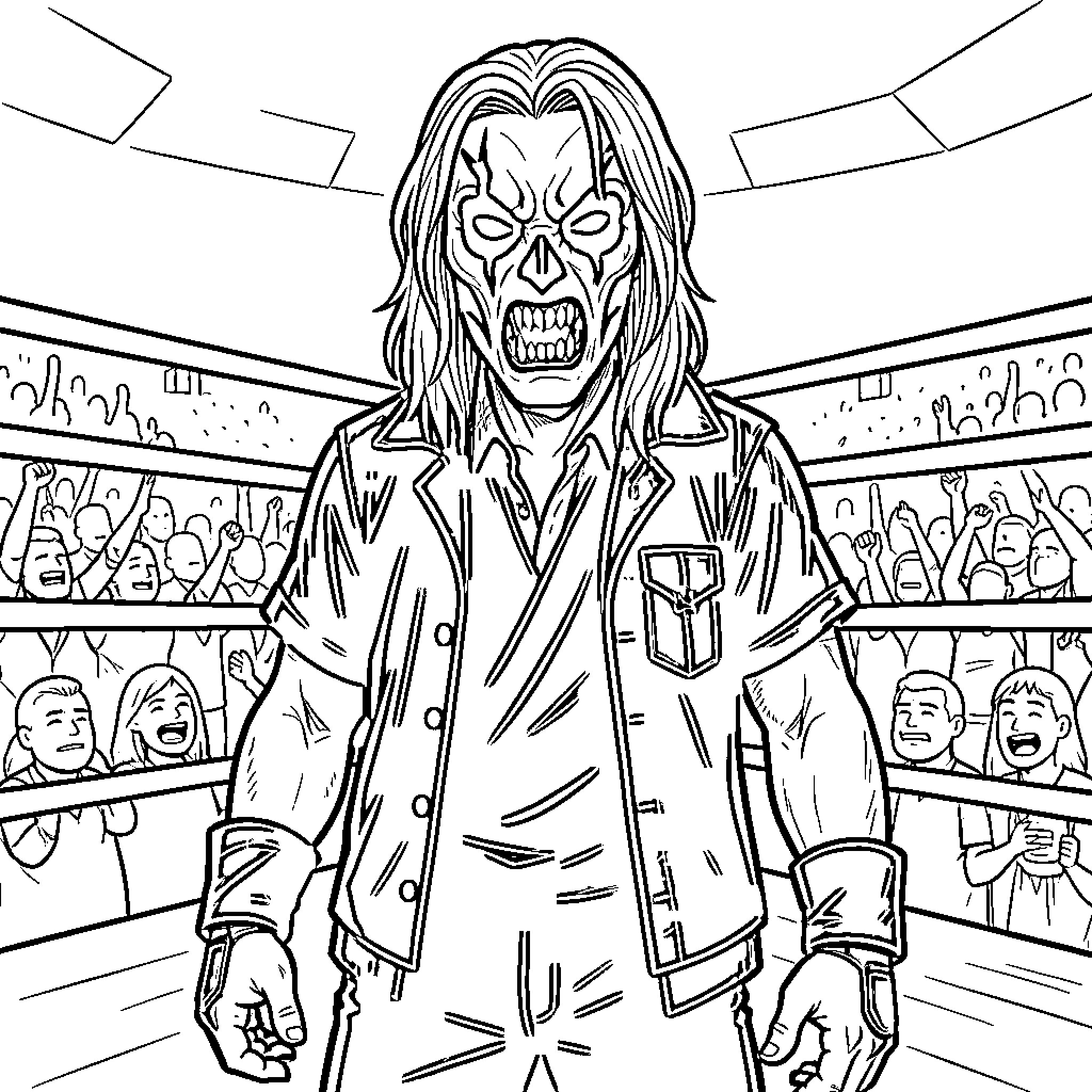 Fiend screaming intensely inside a wrestling ring Coloring Page (free black-and-white line drawing printable PDF for all, from beginners to advanced learners, including children, teens, adults, and seniors)