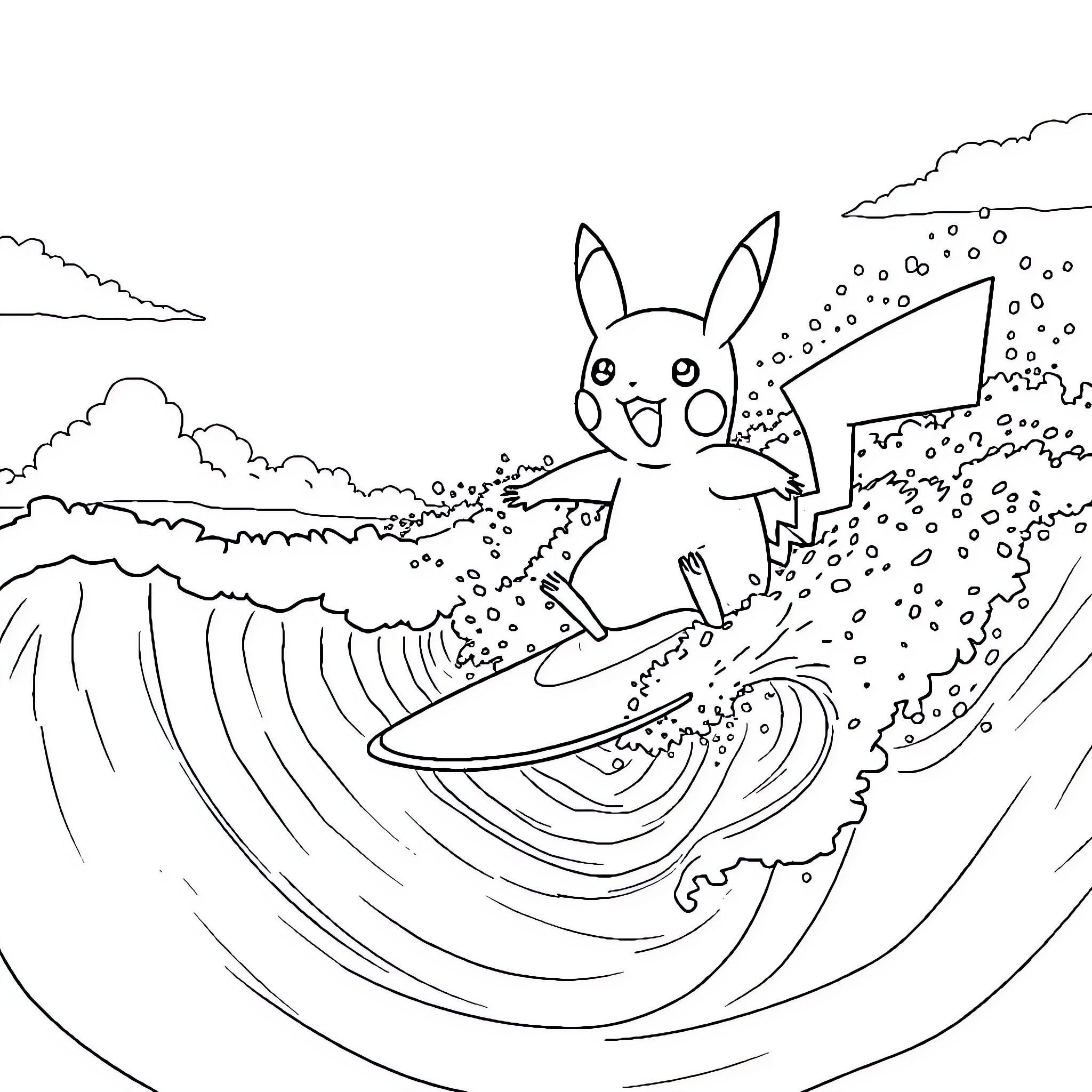 Pikachu surfing on a big wave Coloring Page (free black-and-white line drawing printable PDF for all, from beginners to advanced learners, including children, teens, adults, and seniors)