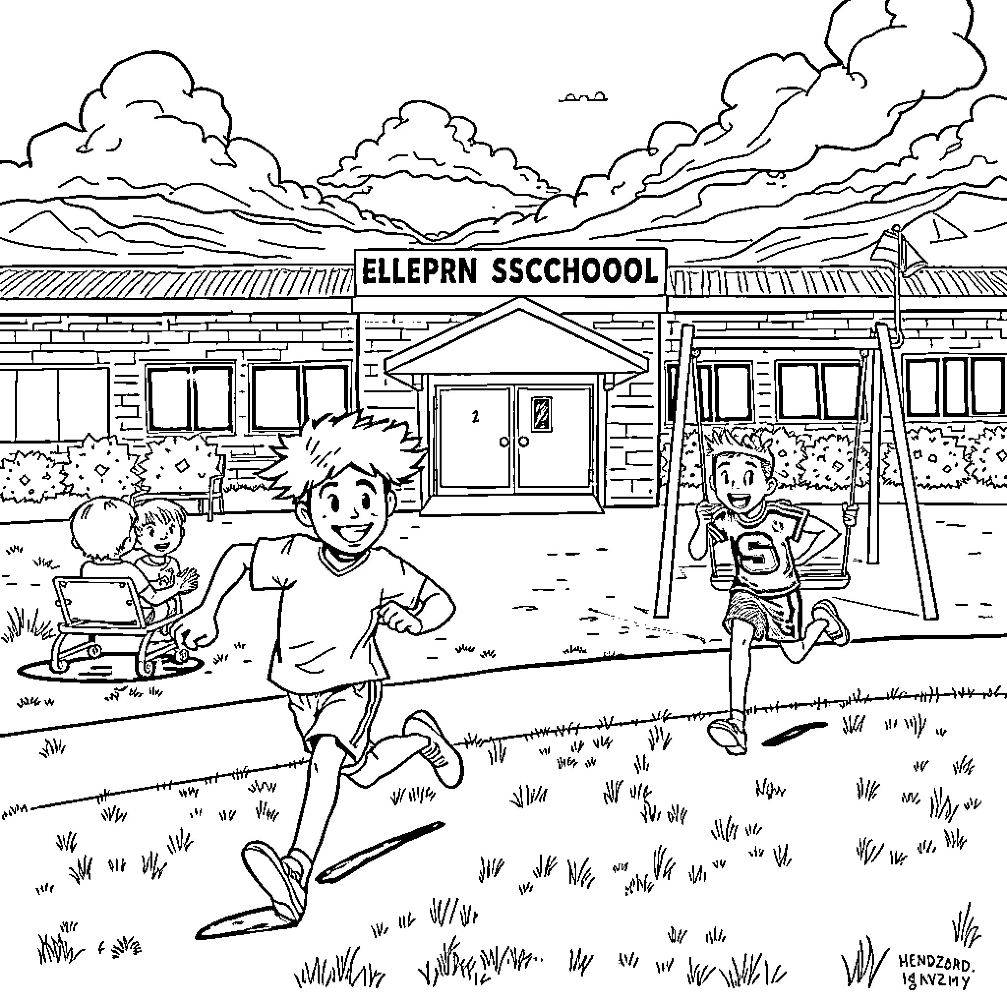 Maxx Crosby's Fun Day at the Elementary School Playground Coloring Page (free black-and-white line drawing printable PDF for all, from beginners to advanced learners, including children, teens, adults, and seniors)