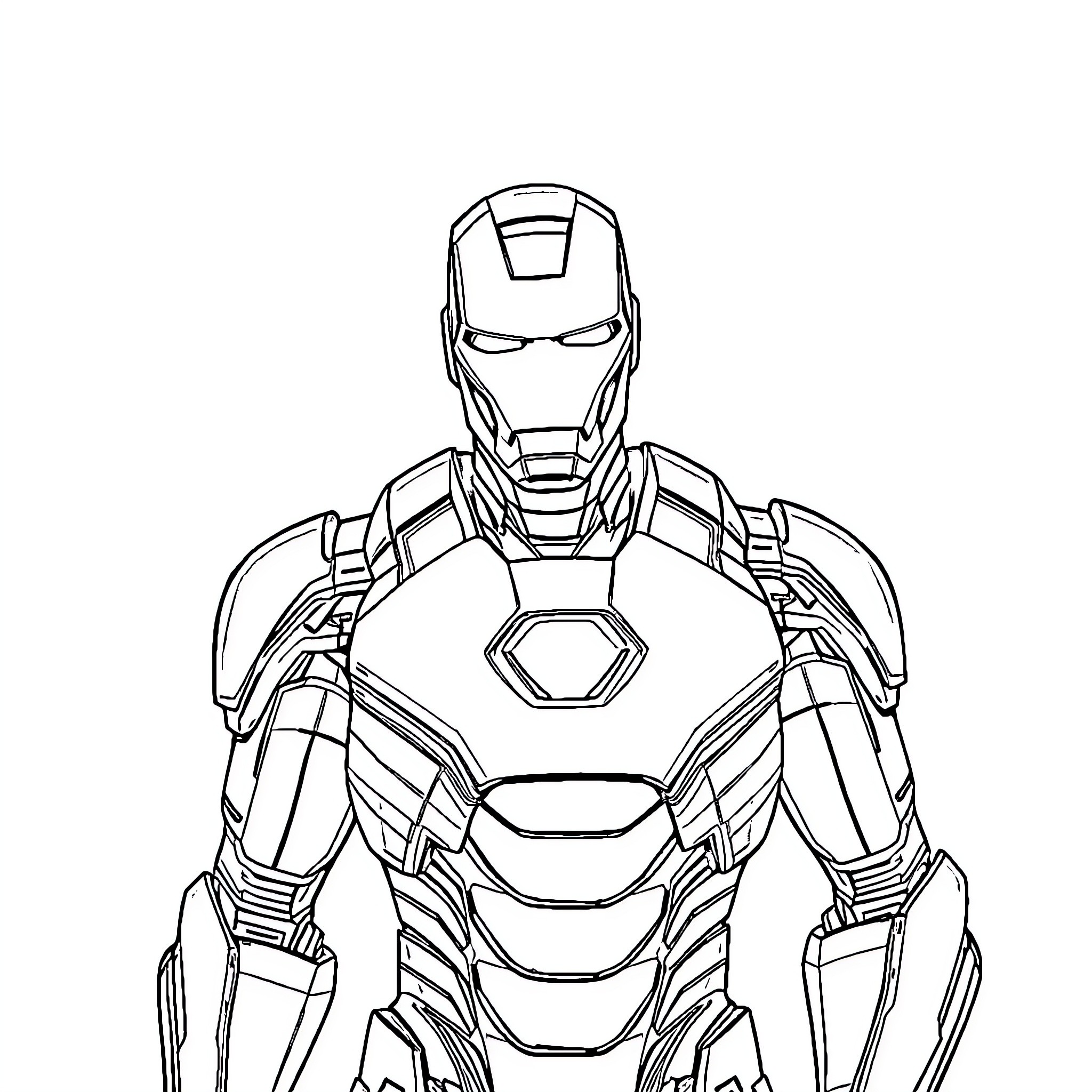 Iron Man in Heroic Pose with Futuristic Armor Coloring Page (free black-and-white line drawing printable PDF for all, from beginners to advanced learners, including children, teens, adults, and seniors)