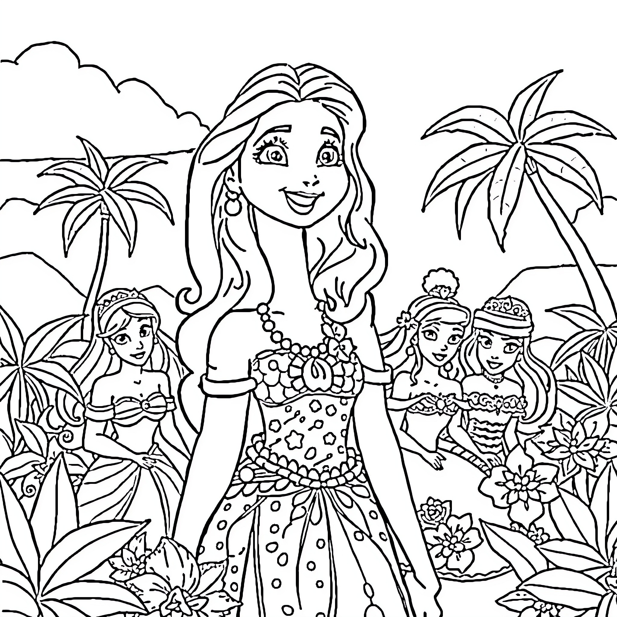 Vaiana and her island friends explore the tropical paradise Coloring Page (free black-and-white line drawing printable PDF for all, from beginners to advanced learners, including children, teens, adults, and seniors)