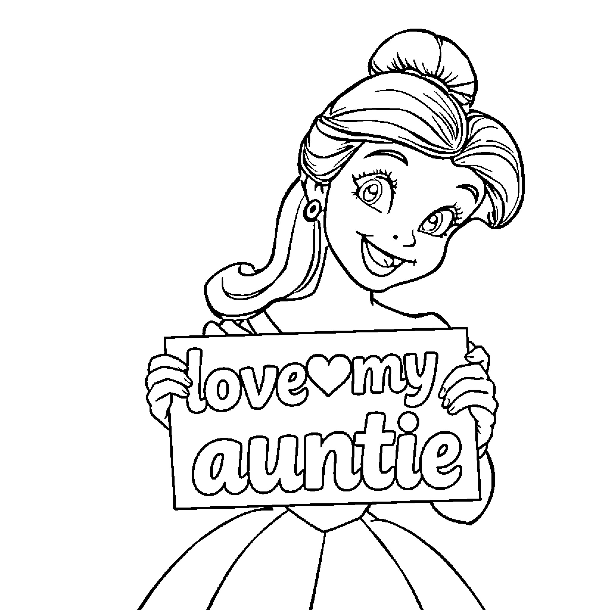 Belle's Affectionate Message for Her Auntie Coloring Page (free black-and-white line drawing printable PDF for all, from beginners to advanced learners, including children, teens, adults, and seniors)