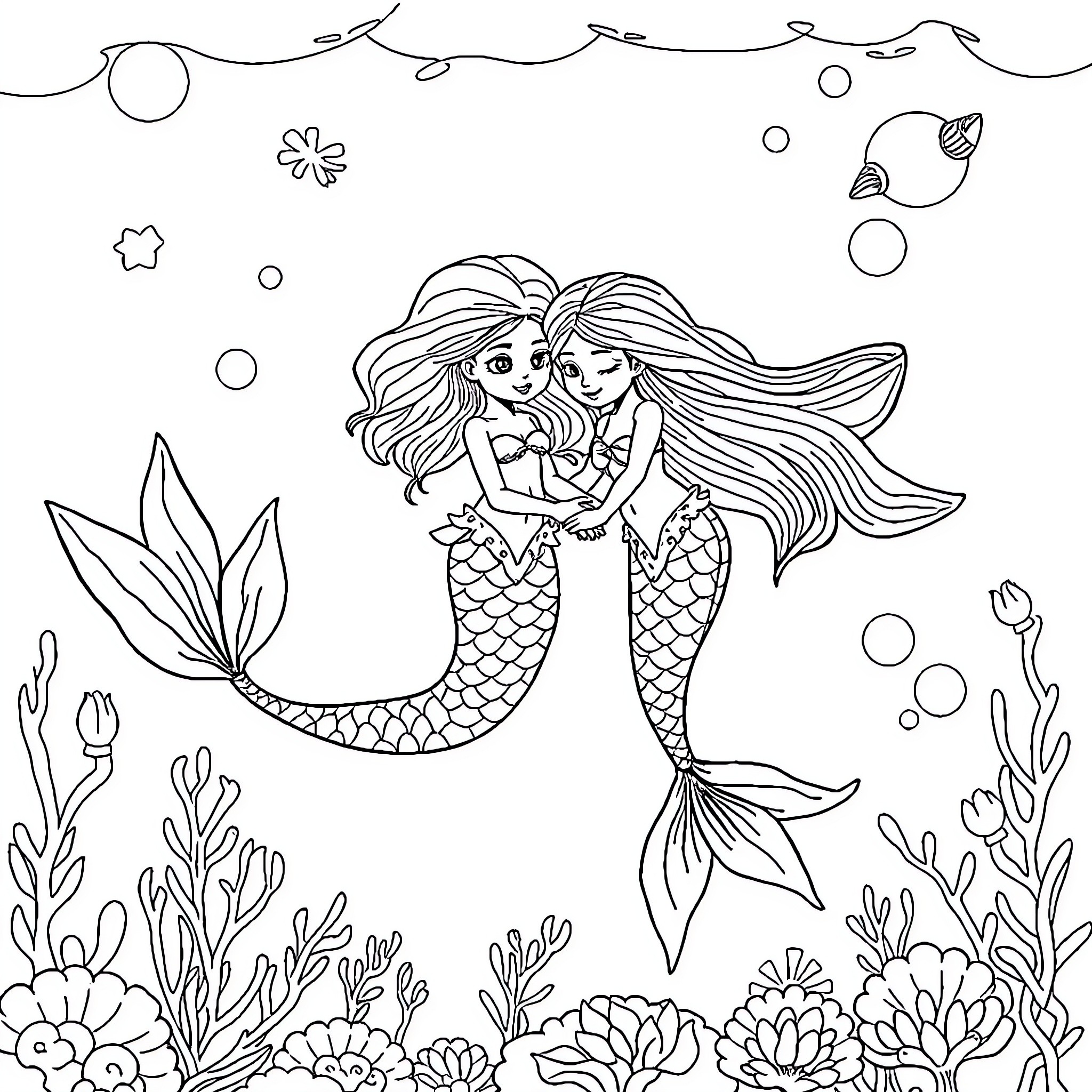 Mermaid sisters embracing underwater in nature Coloring Page (free black-and-white line drawing printable PDF for all, from beginners to advanced learners, including children, teens, adults, and seniors)