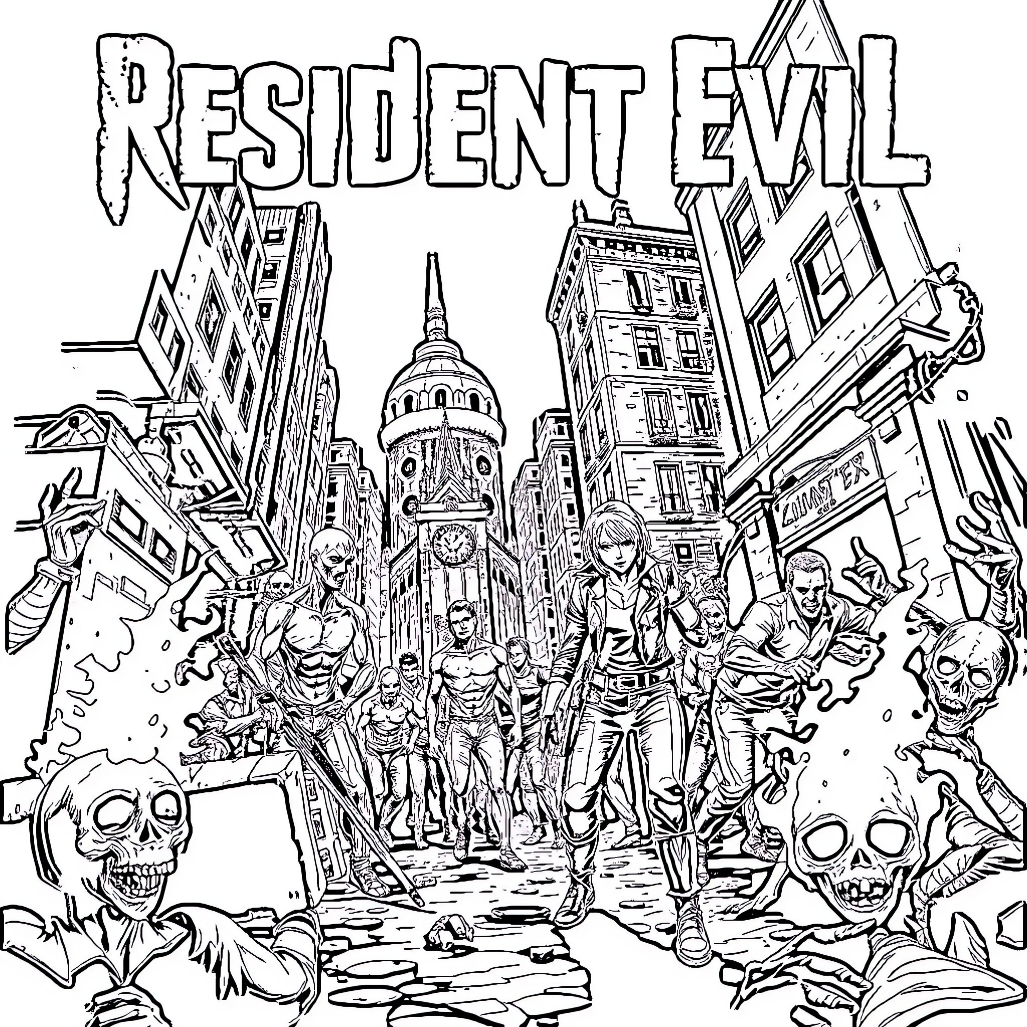 Resident Evil Characters in Apocalyptic City Chaos Coloring Page (free black-and-white line drawing printable PDF for all, from beginners to advanced learners, including children, teens, adults, and seniors)
