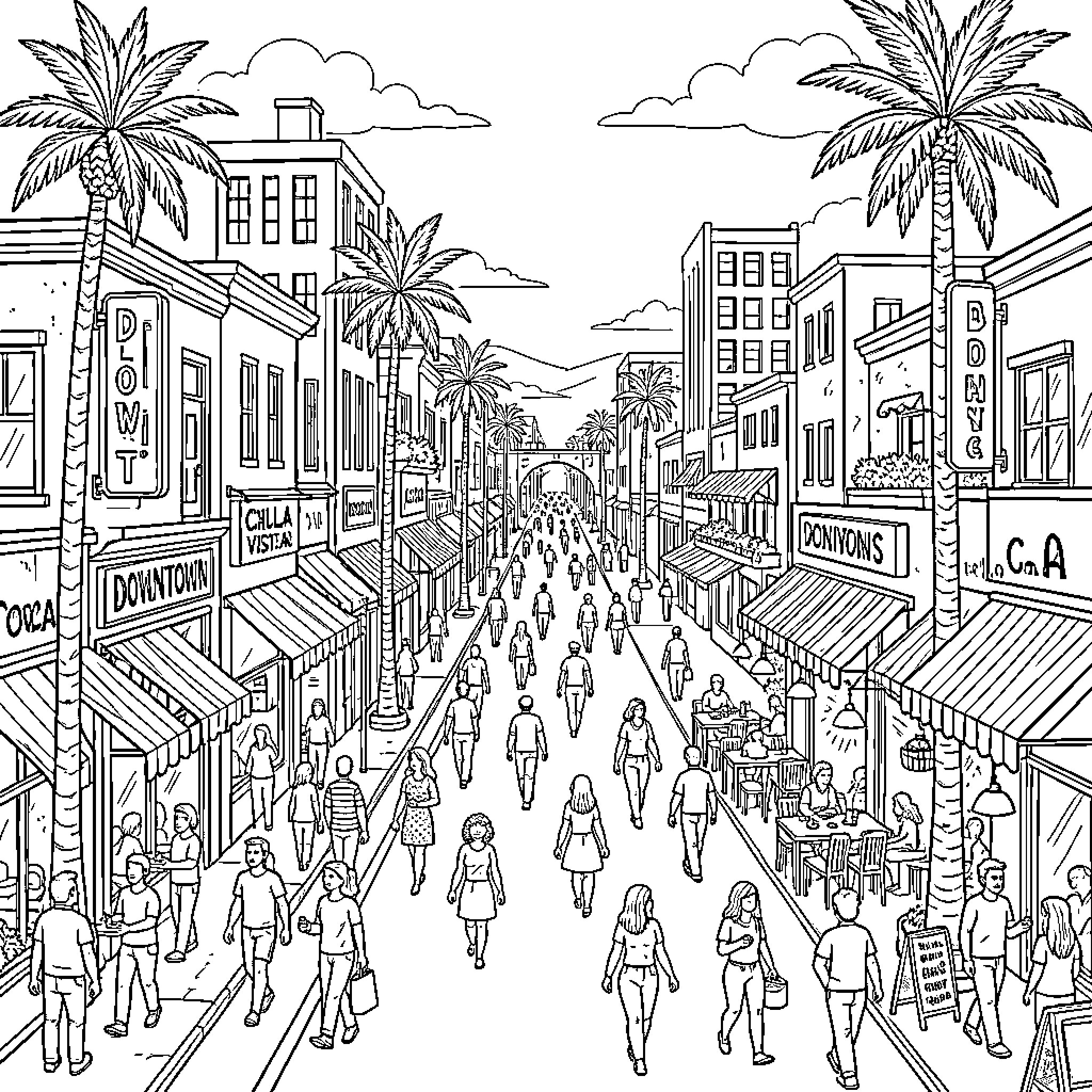 Chula Vista people walking along a busy downtown street Coloring Page (free black-and-white line drawing printable PDF for all, from beginners to advanced learners, including children, teens, adults, and seniors)