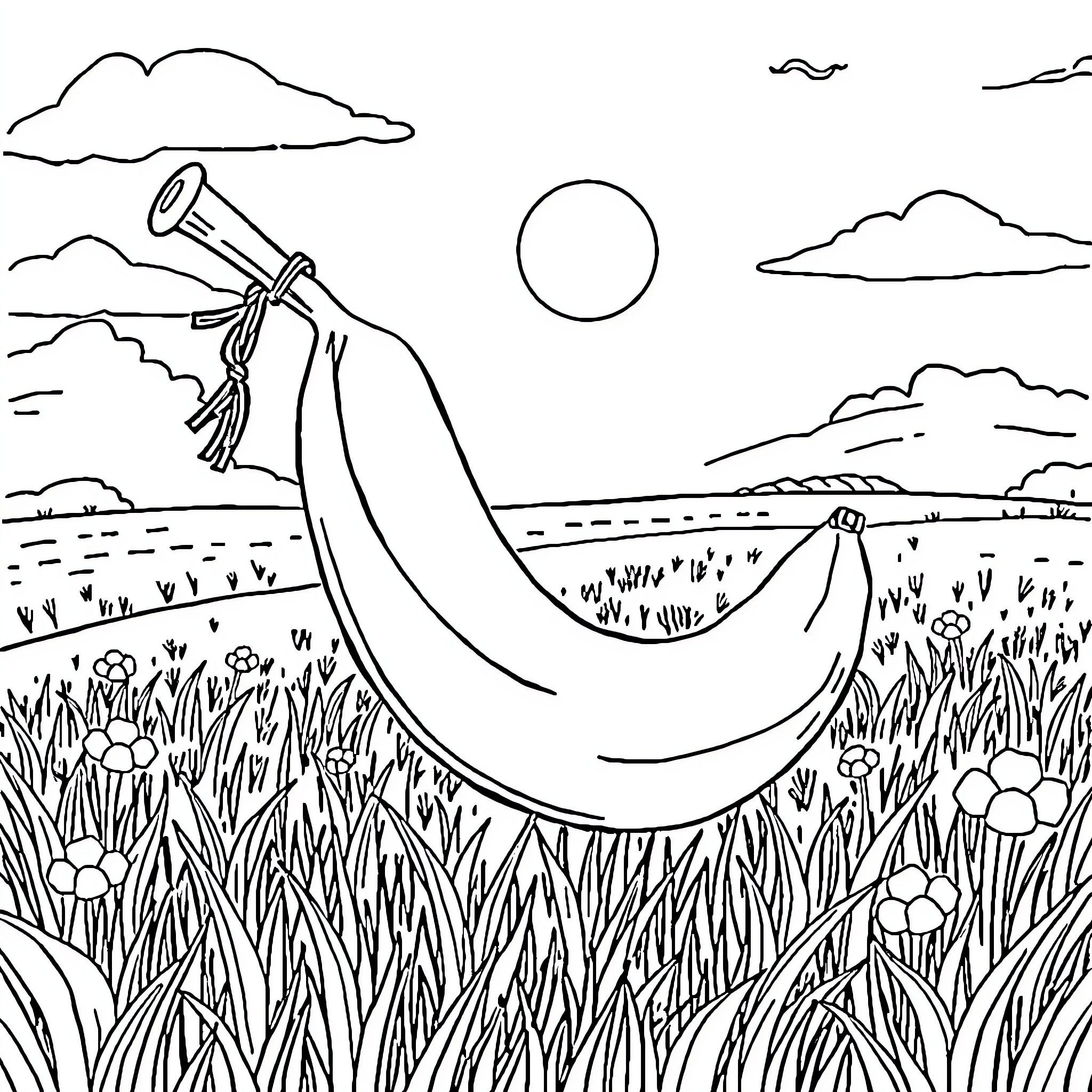 Banana relaxing in tranquil countryside Coloring Page (free black-and-white line drawing printable PDF for all, from beginners to advanced learners, including children, teens, adults, and seniors)