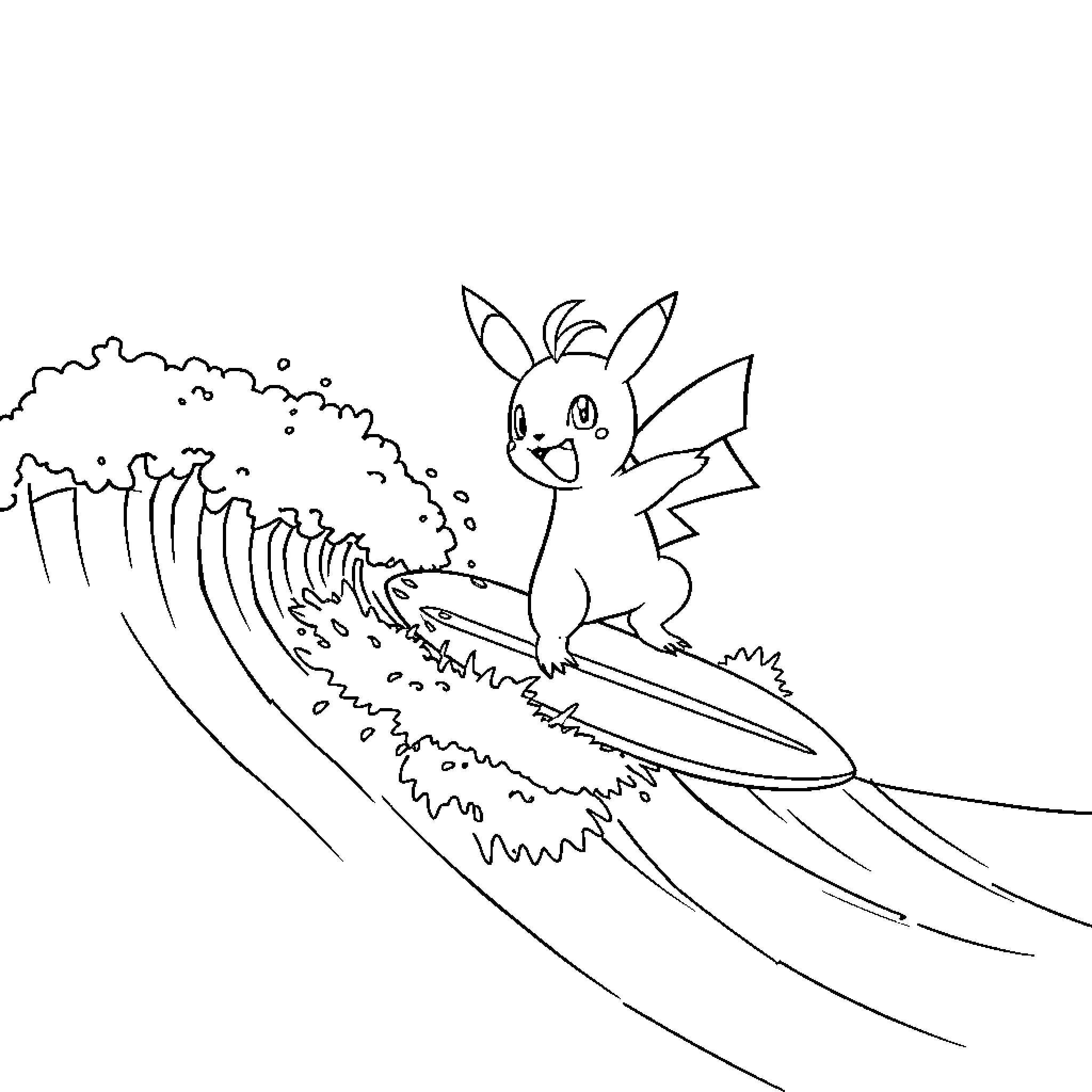 Pokémon character surfing on a wave Coloring Page (free black-and-white line drawing printable PDF for all, from beginners to advanced learners, including children, teens, adults, and seniors)