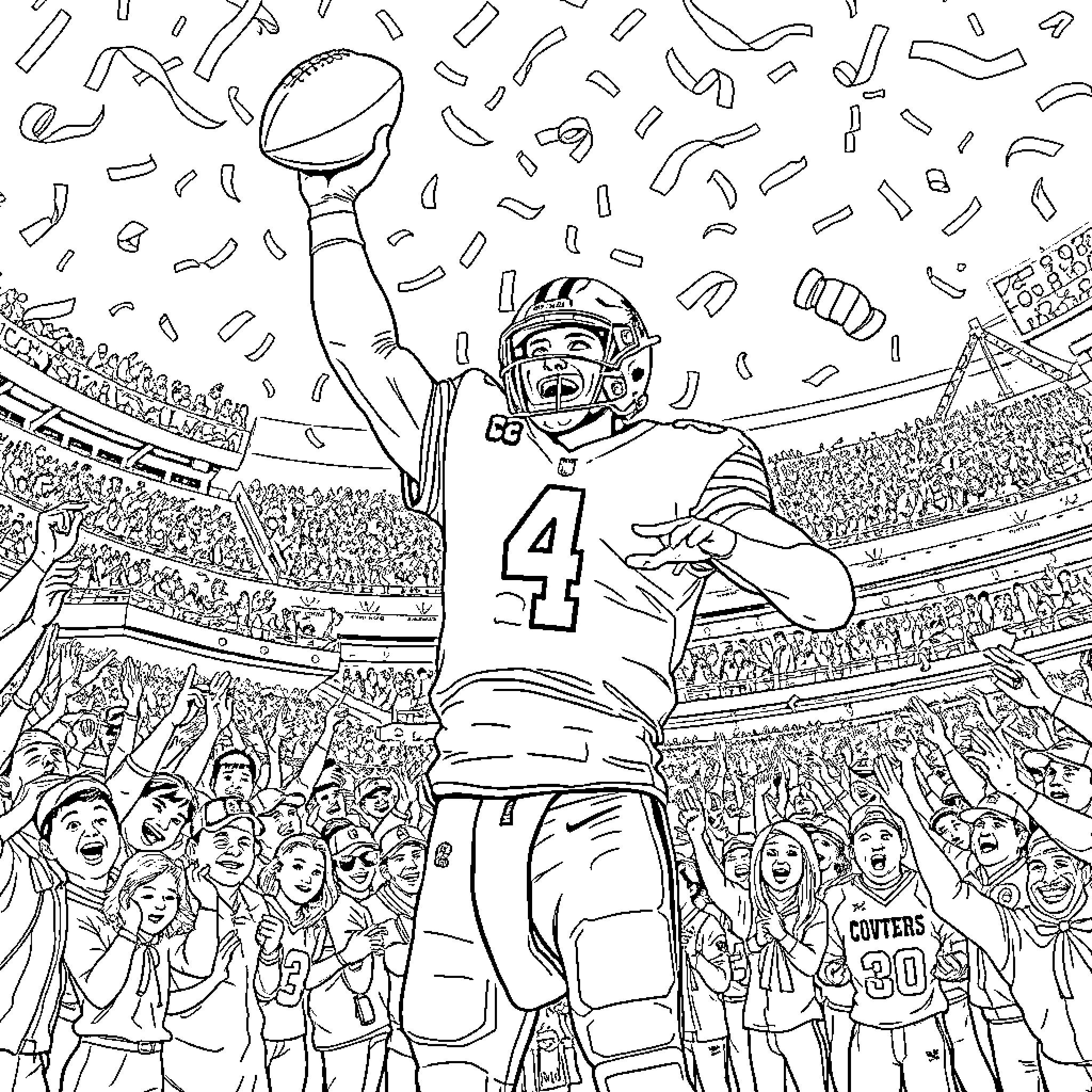 Dak Prescott triumphantly celebrates after a successful play on the field Coloring Page (free black-and-white line drawing printable PDF for all, from beginners to advanced learners, including children, teens, adults, and seniors)