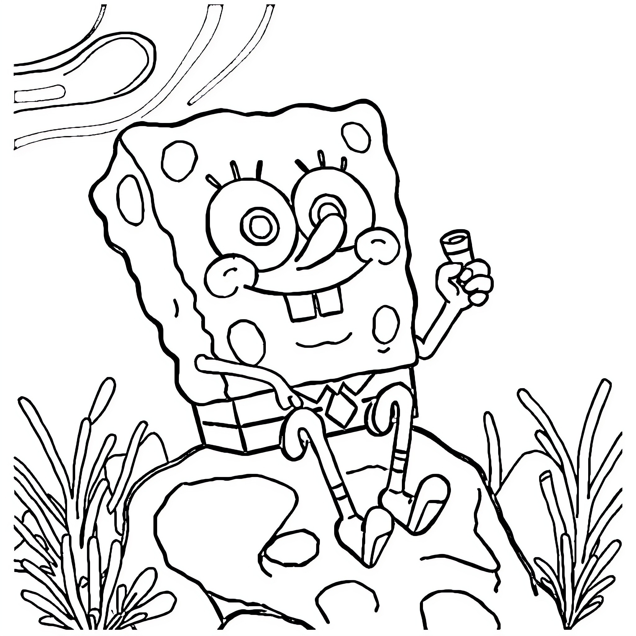 Spongebob playing in the ocean with bubbles Coloring Page (free black-and-white line drawing printable PDF for all, from beginners to advanced learners, including children, teens, adults, and seniors)