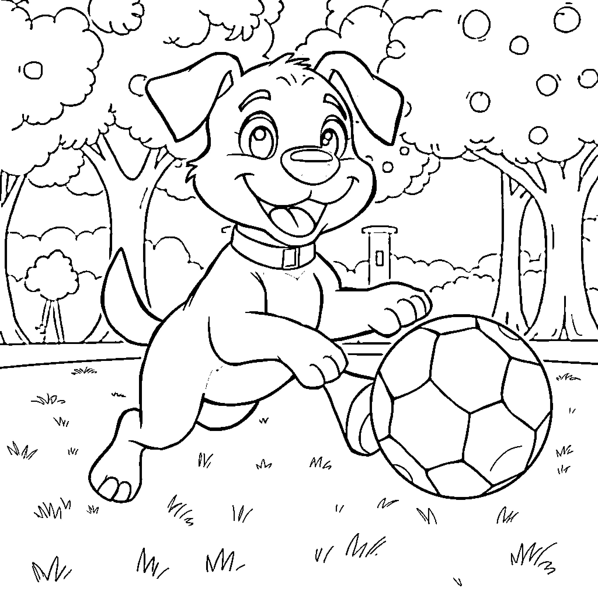 Bluey Playing with Soccer Ball in the Park Coloring Page (free black-and-white line drawing printable PDF for all, from beginners to advanced learners, including children, teens, adults, and seniors)