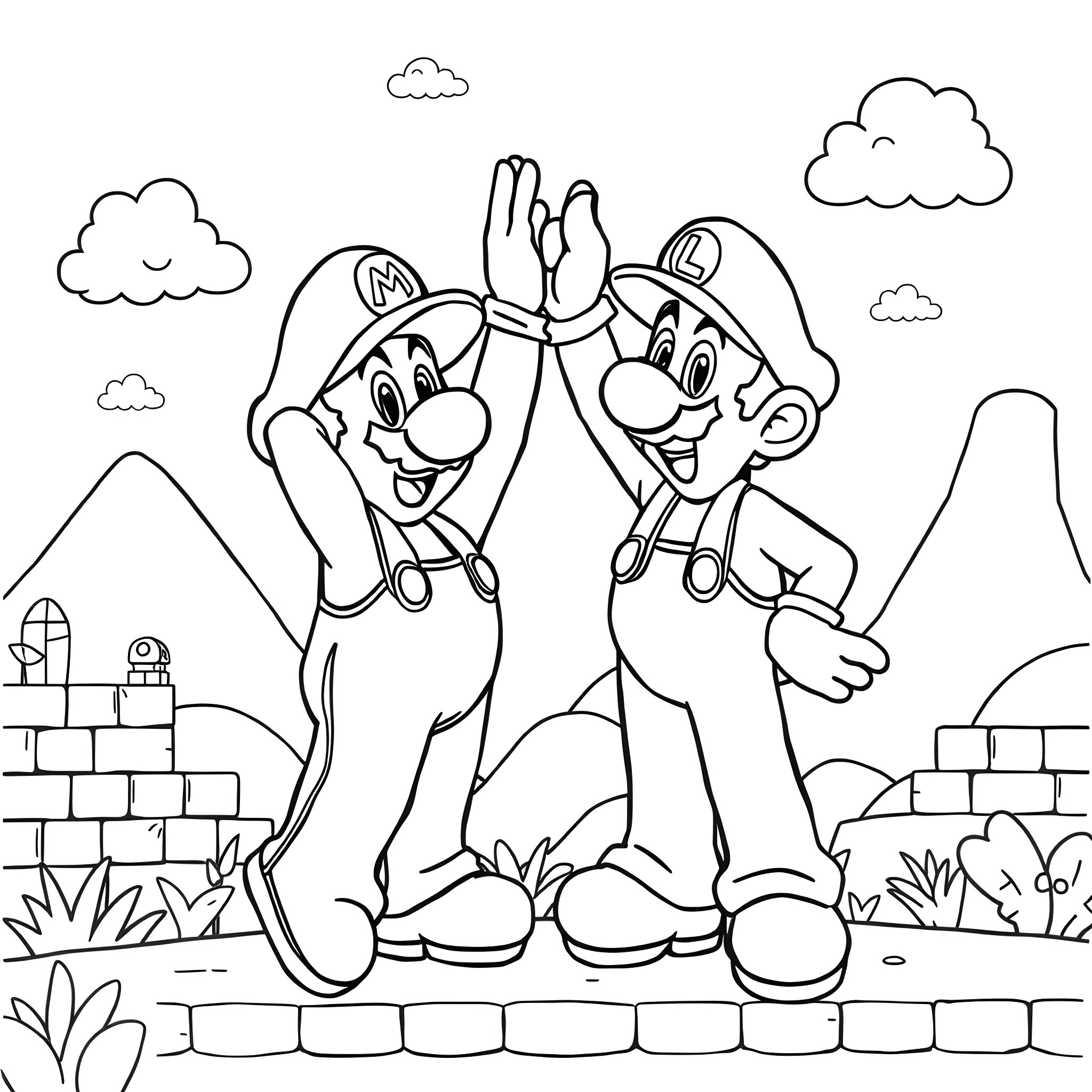 Mario and Luigi's Joyful Adventure Coloring Page (free black-and-white line drawing printable PDF for all, from beginners to advanced learners, including children, teens, adults, and seniors)