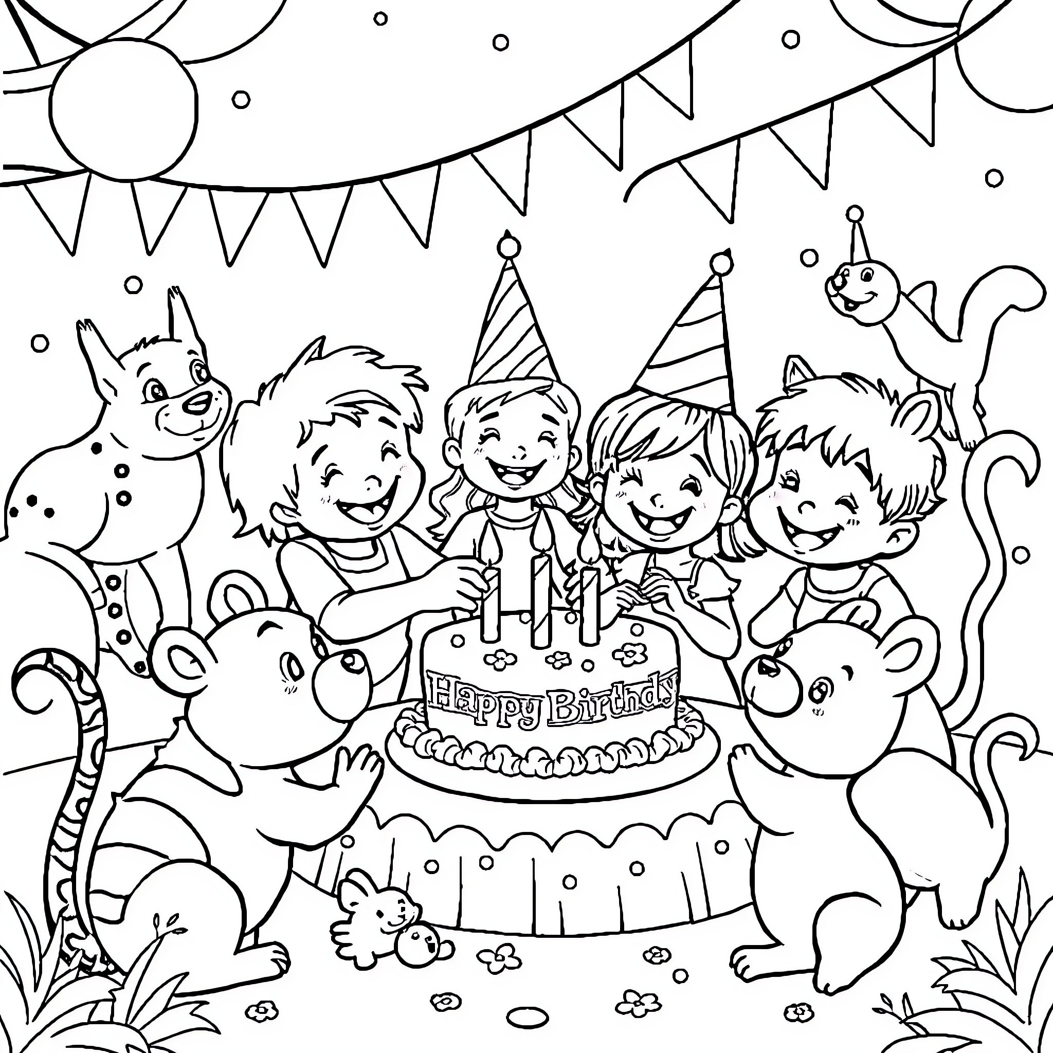 Animal friends celebrating a birthday party Coloring Page (free black-and-white line drawing printable PDF for all, from beginners to advanced learners, including children, teens, adults, and seniors)