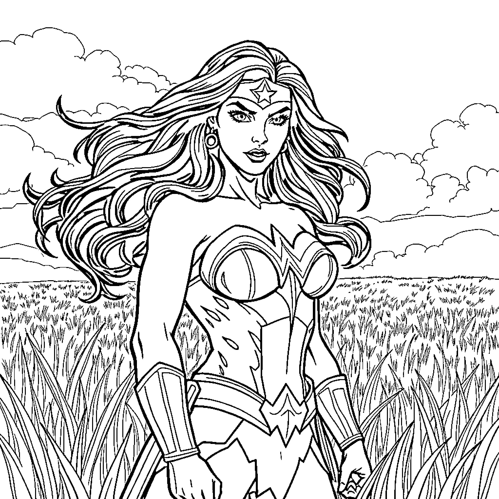 Wonder Woman standing confidently in a grassy field Coloring Page (free black-and-white line drawing printable PDF for all, from beginners to advanced learners, including children, teens, adults, and seniors)