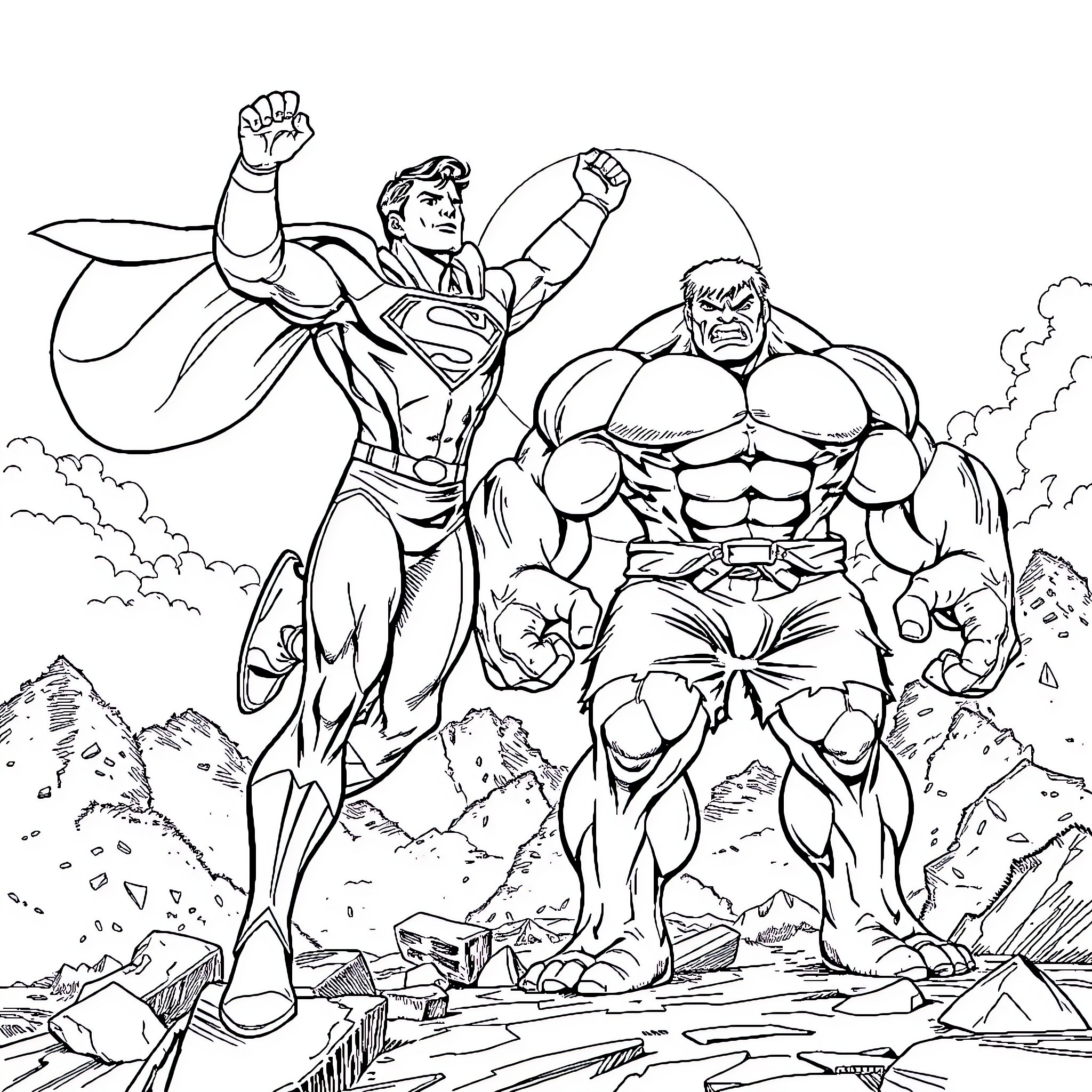 Superman and Hulk heroic poses in action Coloring Page (free black-and-white line drawing printable PDF for all, from beginners to advanced learners, including children, teens, adults, and seniors)