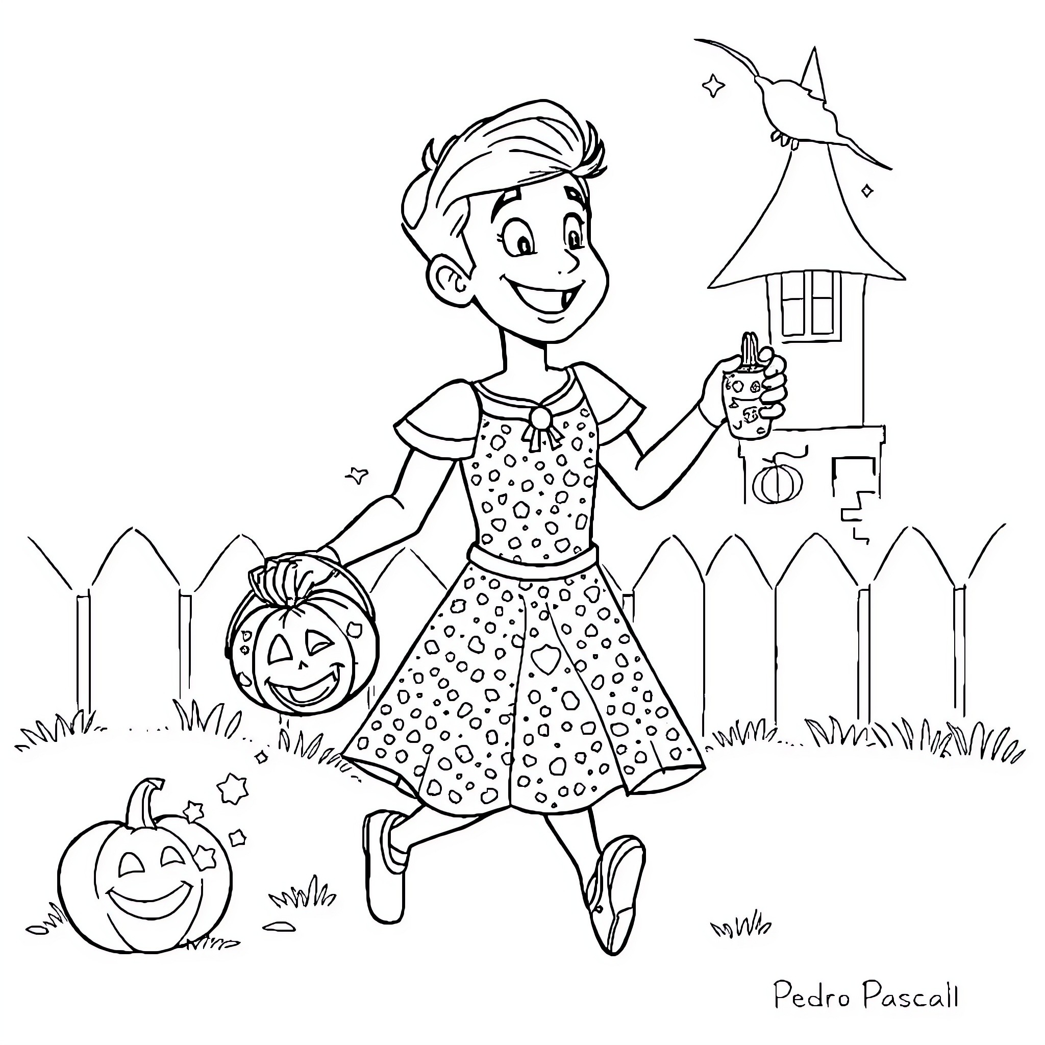 Pedro Pascal in a playful Halloween scene Coloring Page (free black-and-white line drawing printable PDF for all, from beginners to advanced learners, including children, teens, adults, and seniors)
