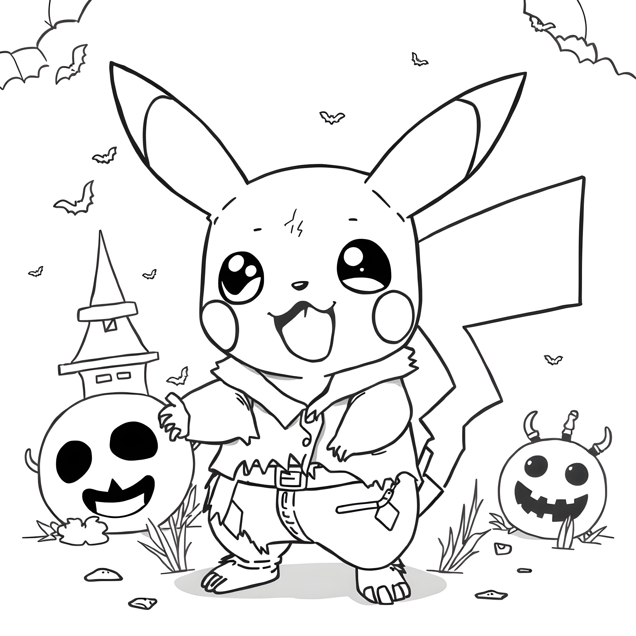 Pikachu celebrating Halloween with spooky friends Coloring Page (free black-and-white line drawing printable PDF for all, from beginners to advanced learners, including children, teens, adults, and seniors)