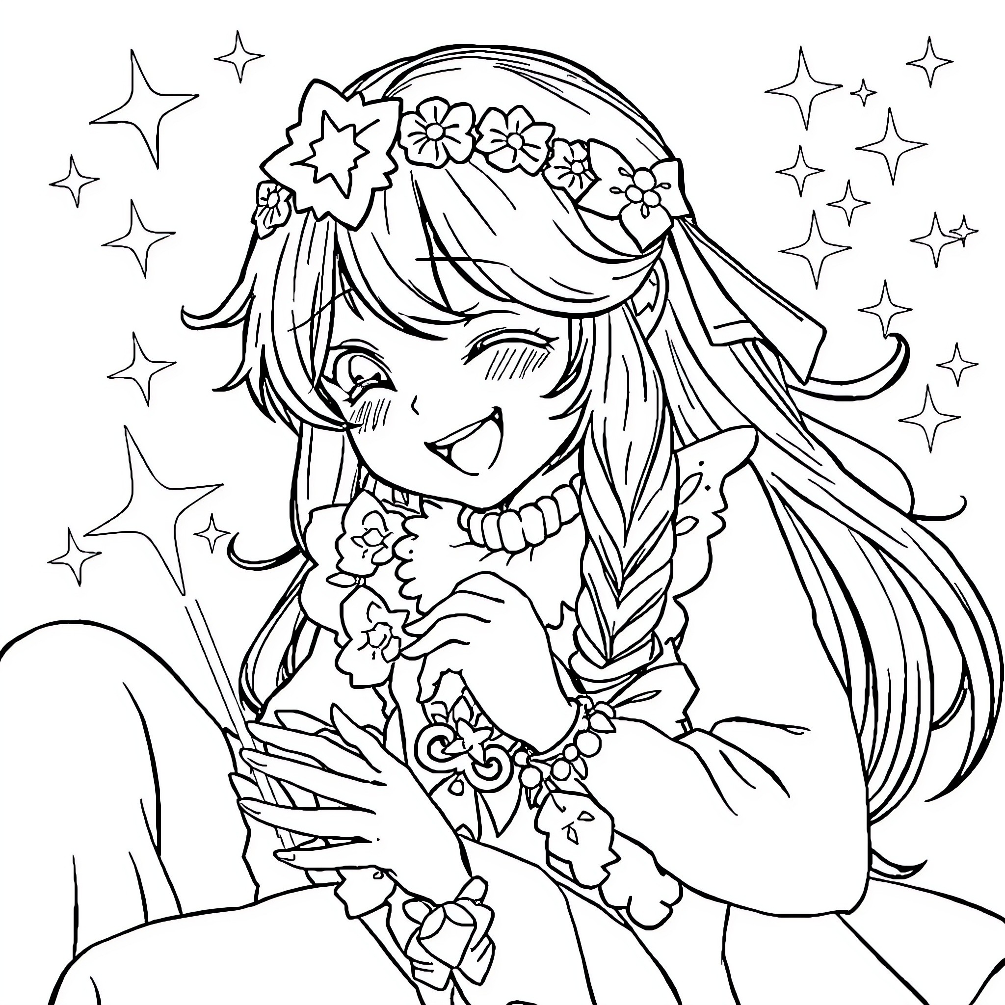 Asta's Magical Journey with Flowers and Stars Coloring Page (free black-and-white line drawing printable PDF for all, from beginners to advanced learners, including children, teens, adults, and seniors)