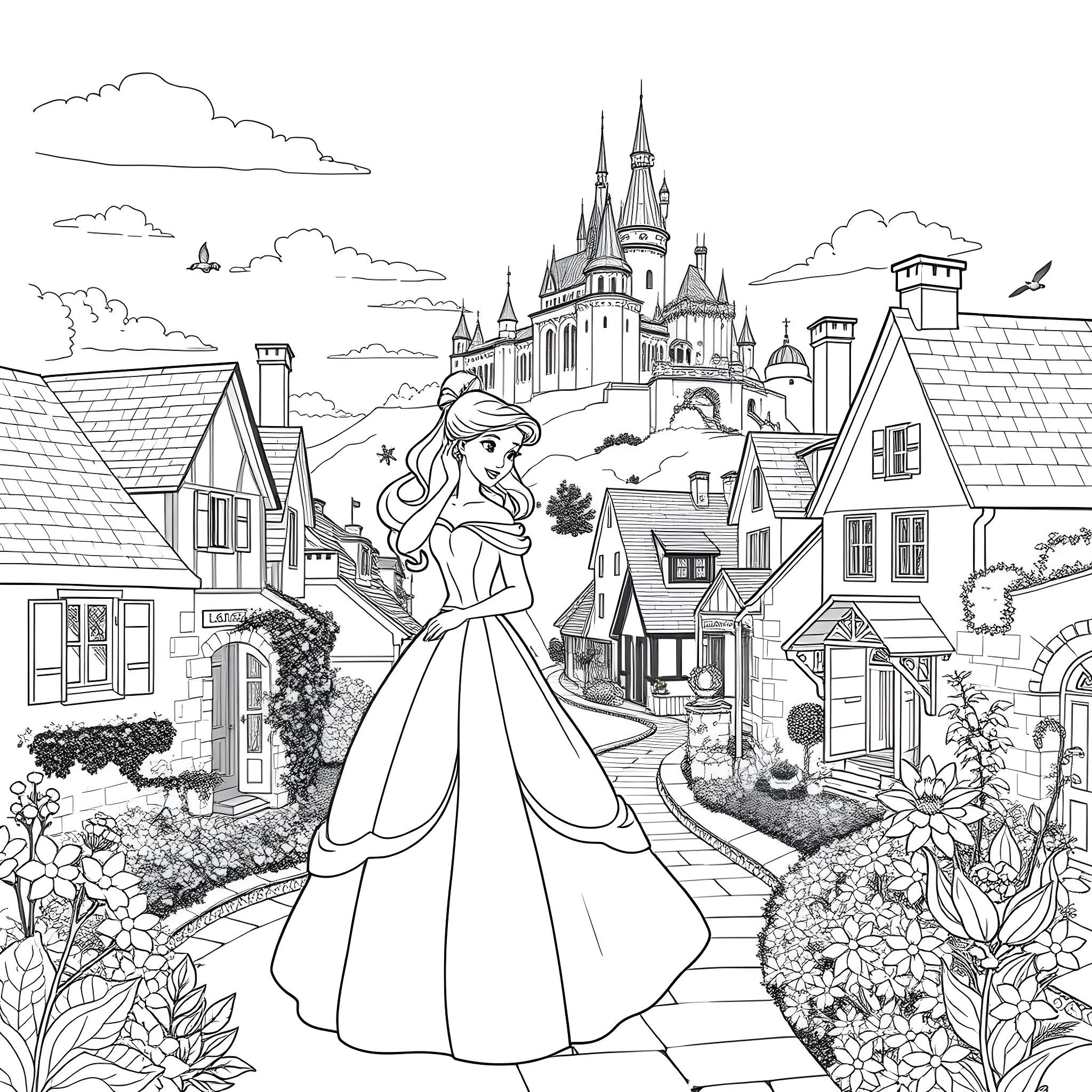 Belle's Castle Adventure in the Enchanting Town Coloring Page (free black-and-white line drawing printable PDF for all, from beginners to advanced learners, including children, teens, adults, and seniors)