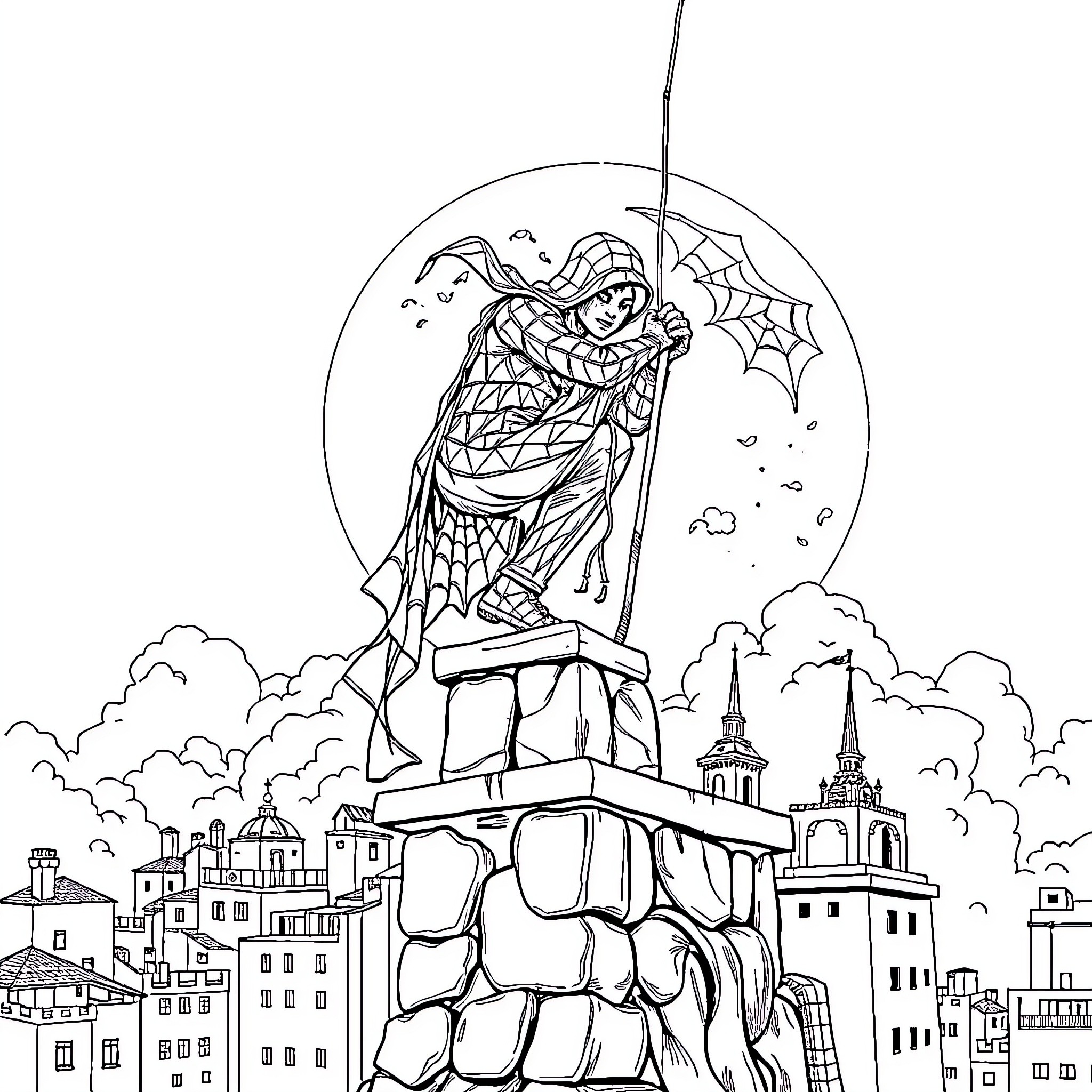 Spider-Man Heroically Protecting the City at Night Coloring Page (free black-and-white line drawing printable PDF for all, from beginners to advanced learners, including children, teens, adults, and seniors)
