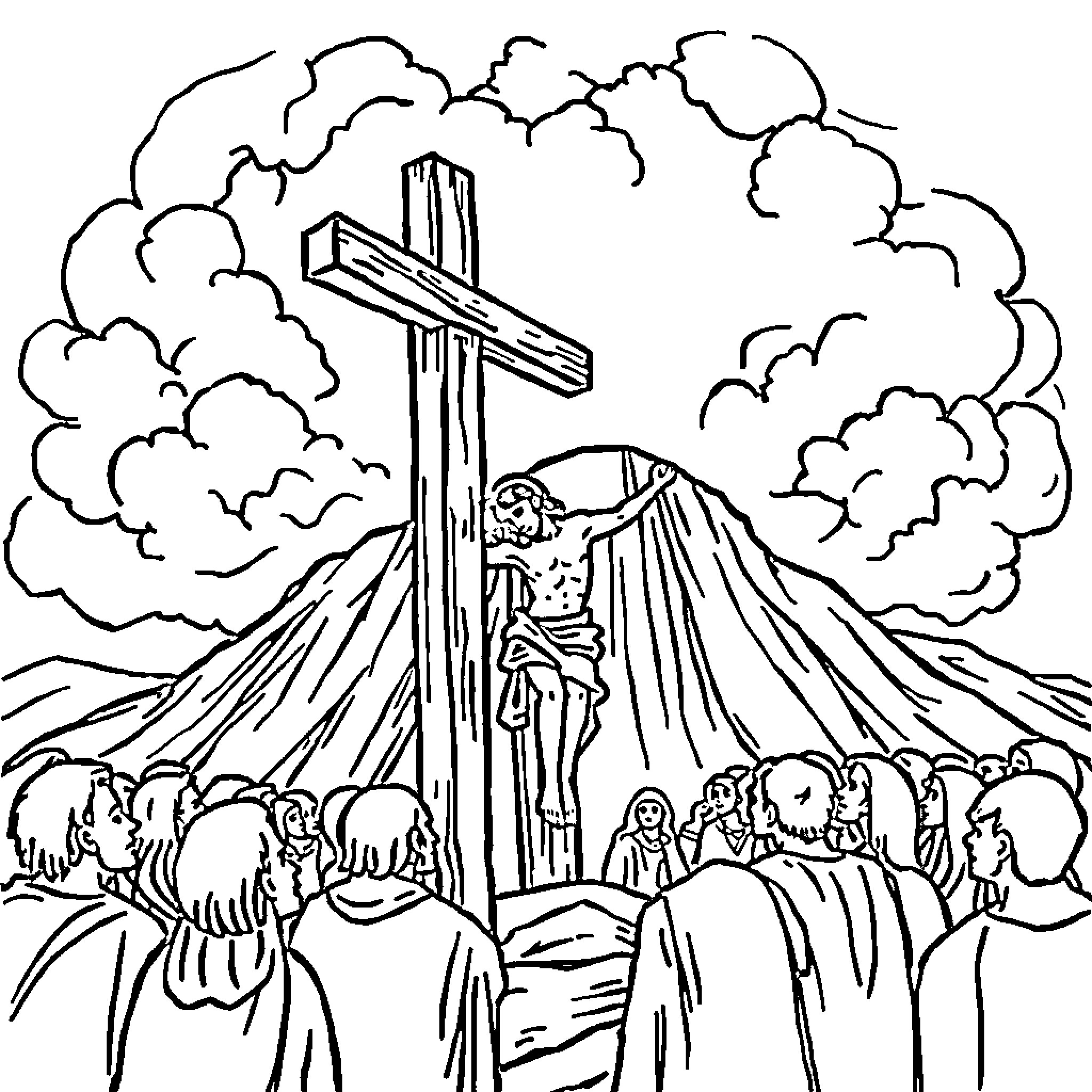 Christ's Crucifixion in the Presence of the Faithful Coloring Page (free black-and-white line drawing printable PDF for all, from beginners to advanced learners, including children, teens, adults, and seniors)