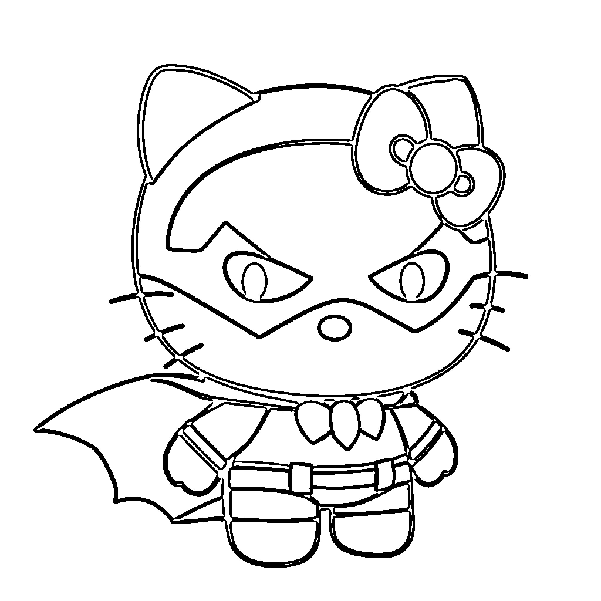 Hello Kitty dressed as a superhero Coloring Page (free black-and-white line drawing printable PDF for all, from beginners to advanced learners, including children, teens, adults, and seniors)