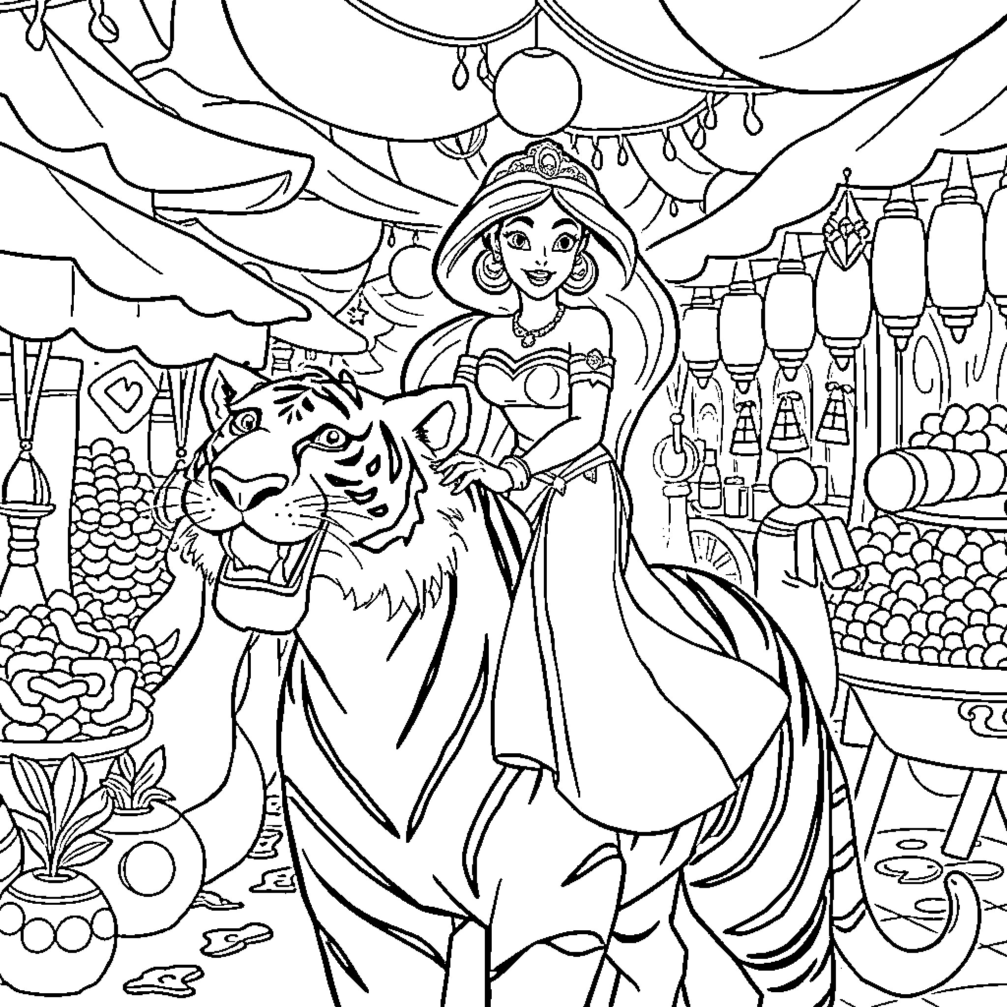 Princess Jasmine exploring the vibrant marketplace Coloring Page (free black-and-white line drawing printable PDF for all, from beginners to advanced learners, including children, teens, adults, and seniors)