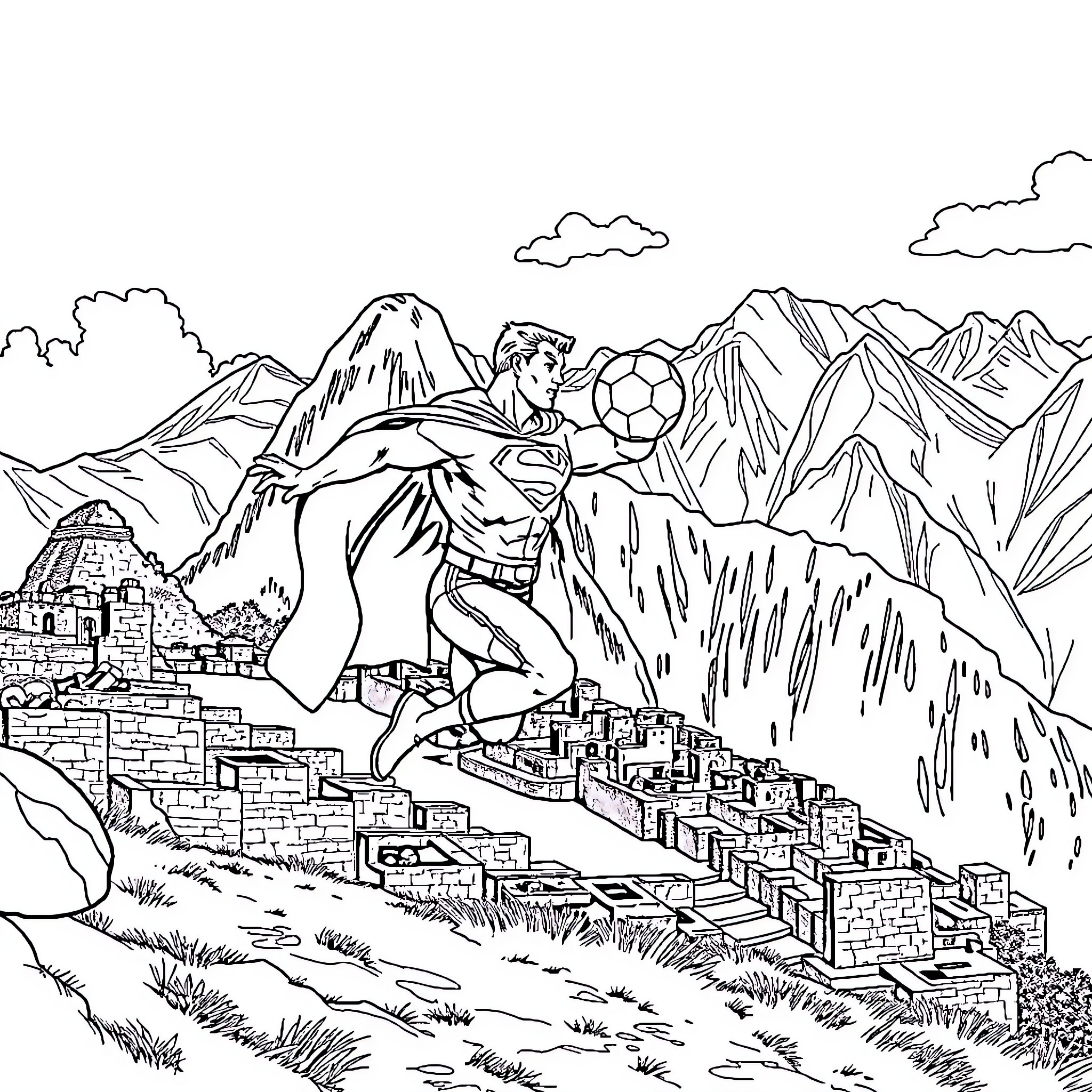 Superman soaring above the mountain village Coloring Page (free black-and-white line drawing printable PDF for all, from beginners to advanced learners, including children, teens, adults, and seniors)