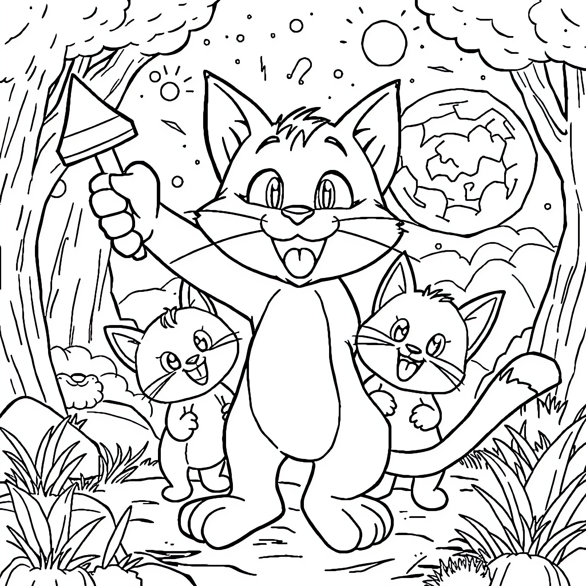 Tom and Kittens Enjoying Outdoor Adventure Coloring Page (free black-and-white line drawing printable PDF for all, from beginners to advanced learners, including children, teens, adults, and seniors)